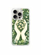 Eucalyptus and daisy composition artwork on an iPhone 15 Pro case