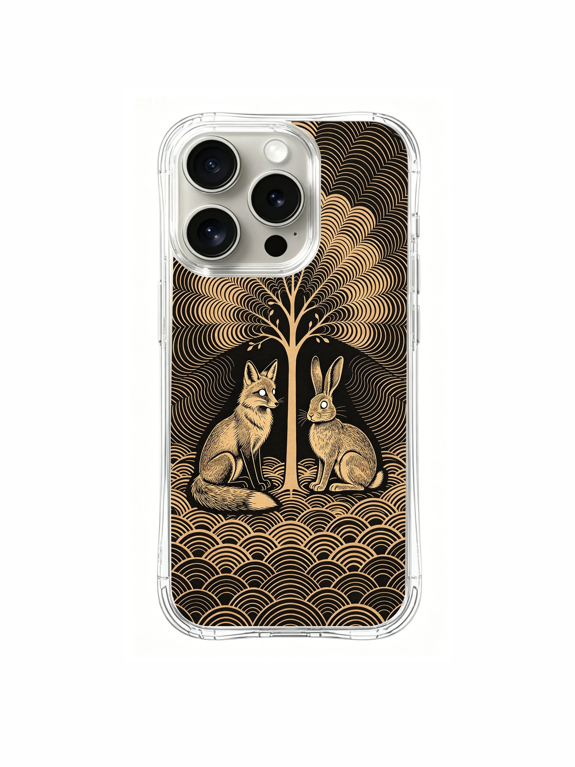 PhoneCasing iPhone 15 pro Case sophisticated retro folk forest styling, refined everyday accessory for linocut and woodland animal art admirers.