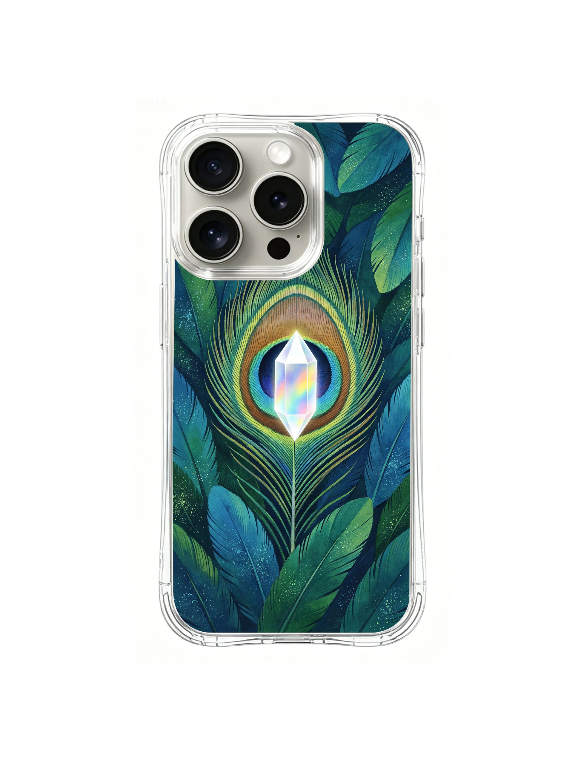 PhoneCasing iPhone 15 pro Case sophisticated tropical teal peacock styling, refined everyday accessory for peacock & spiritual crystal art admirers.