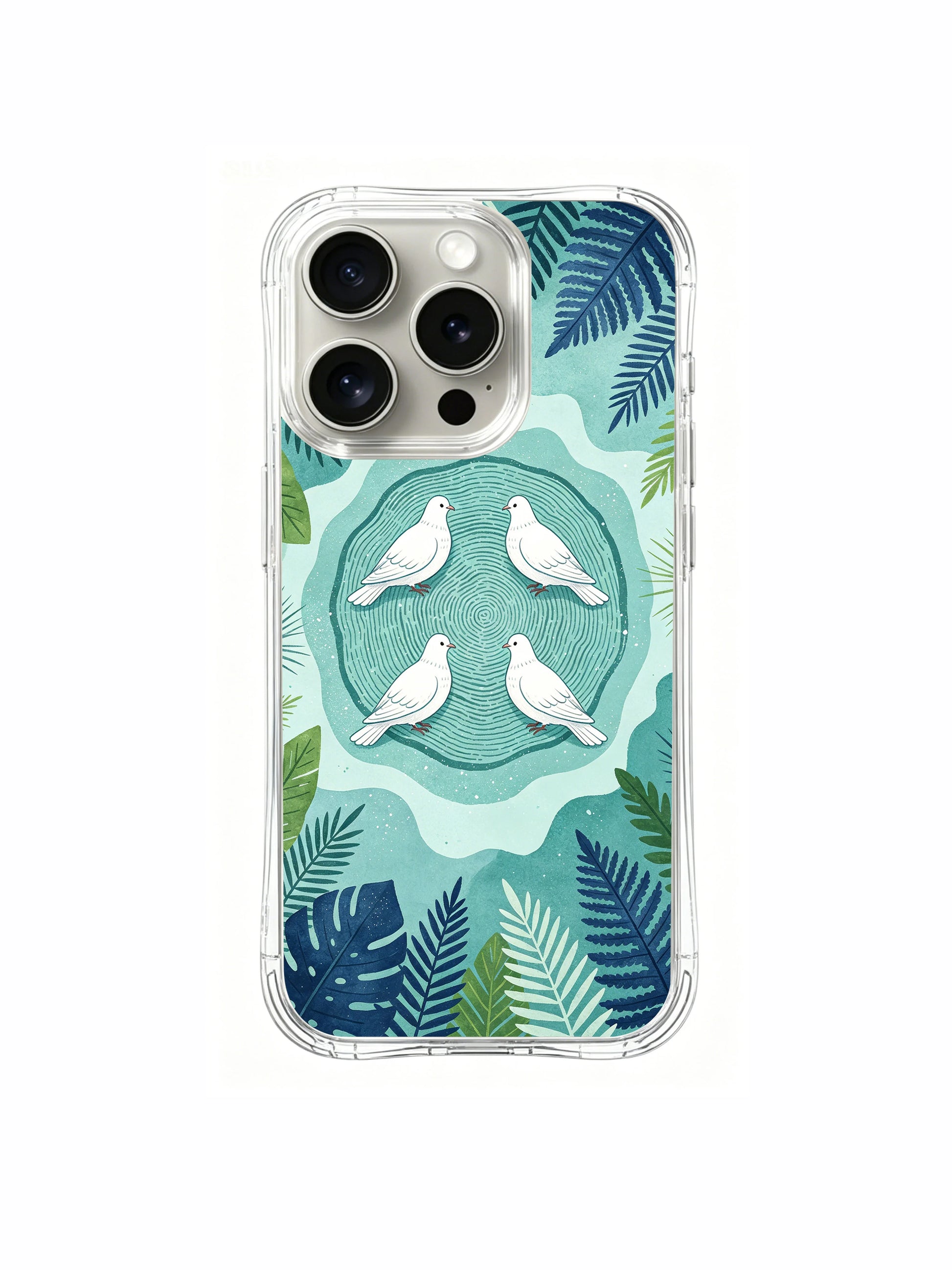 PhoneCasing iPhone 15 Pro Case full-bleed botanical layout with four quiet white doves