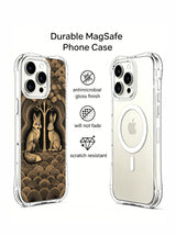 PhoneCasing iPhone 15 pro Case blends concentric ripple tree patterns and forest fox-rabbit duo, exclusive Elena Rostova fine art collaborative artwork.