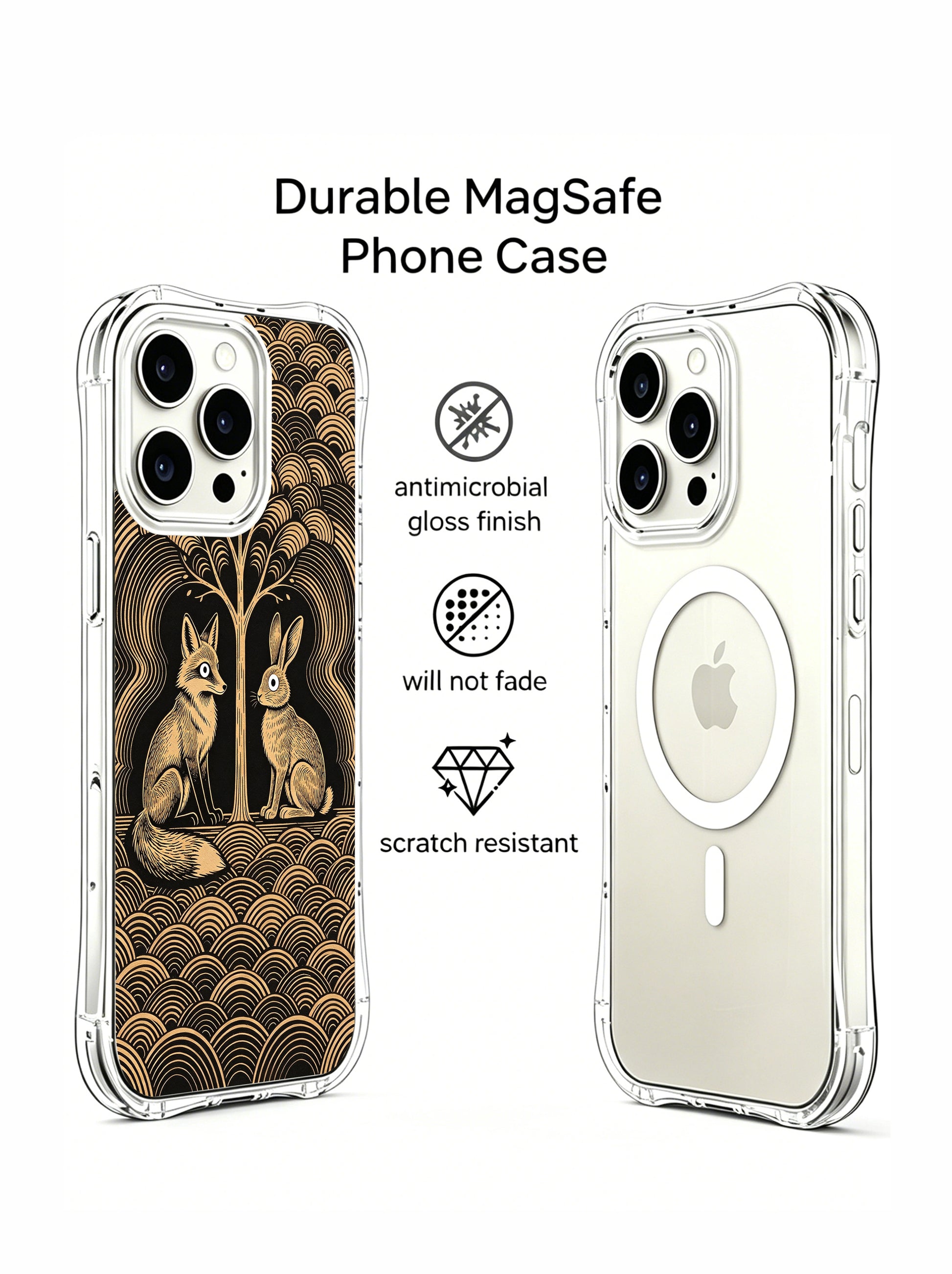 PhoneCasing iPhone 15 pro Case blends concentric ripple tree patterns and forest fox-rabbit duo, exclusive Elena Rostova fine art collaborative artwork.