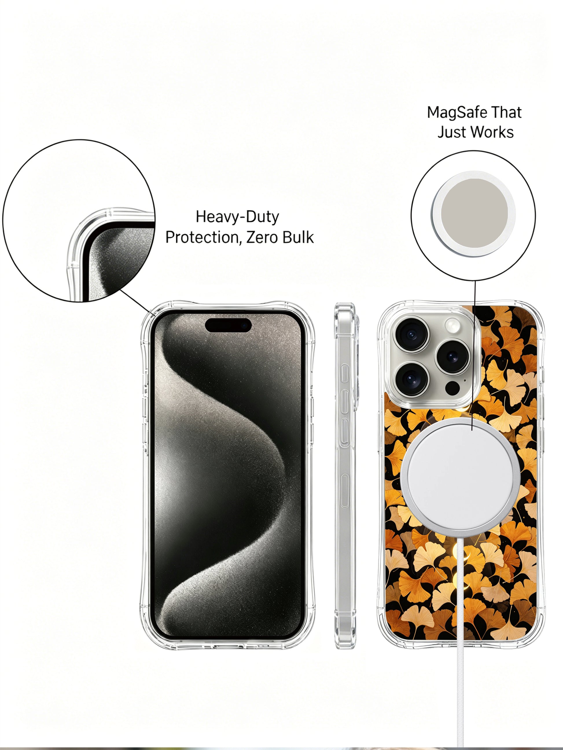 PhoneCasing iPhone 15 pro Case with warm gold ginkgo and moon phase art, durable and stylish with a scratch-resistant finish.