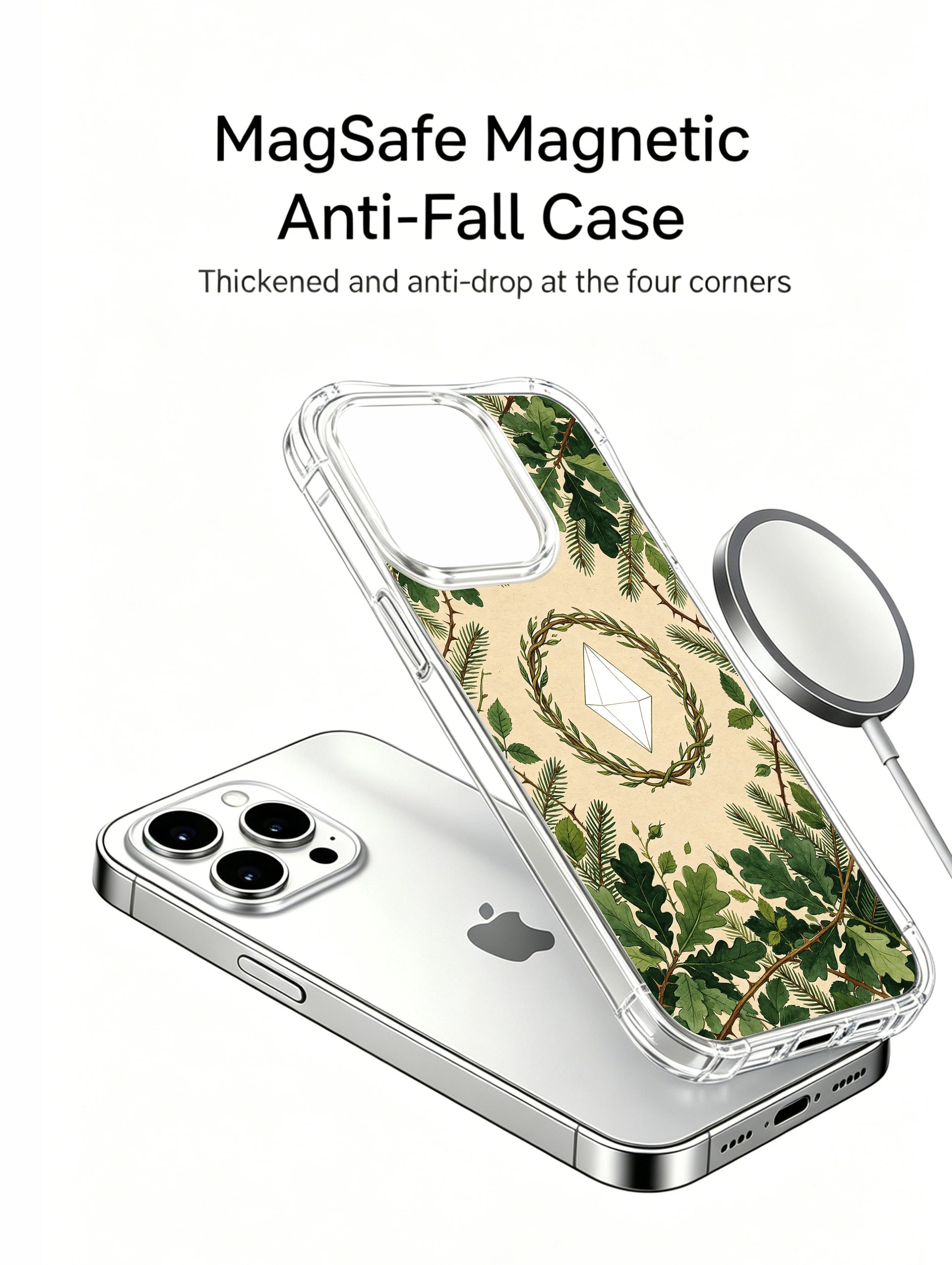PhoneCasing iPhone 15 pro Case with illustrated thorn wreath and diamond, a serene nature-inspired case crafted in California.
