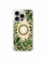 Green oak and thorn wreath artwork on an iPhone 15 Pro case