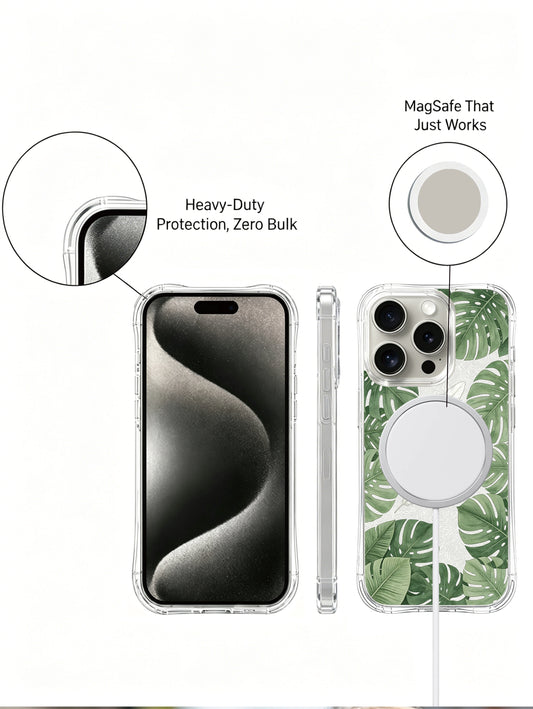 PhoneCasing iPhone 15 Pro Case with minimalist green and white monstera print, an exclusive Elena Rostova collaboration design.