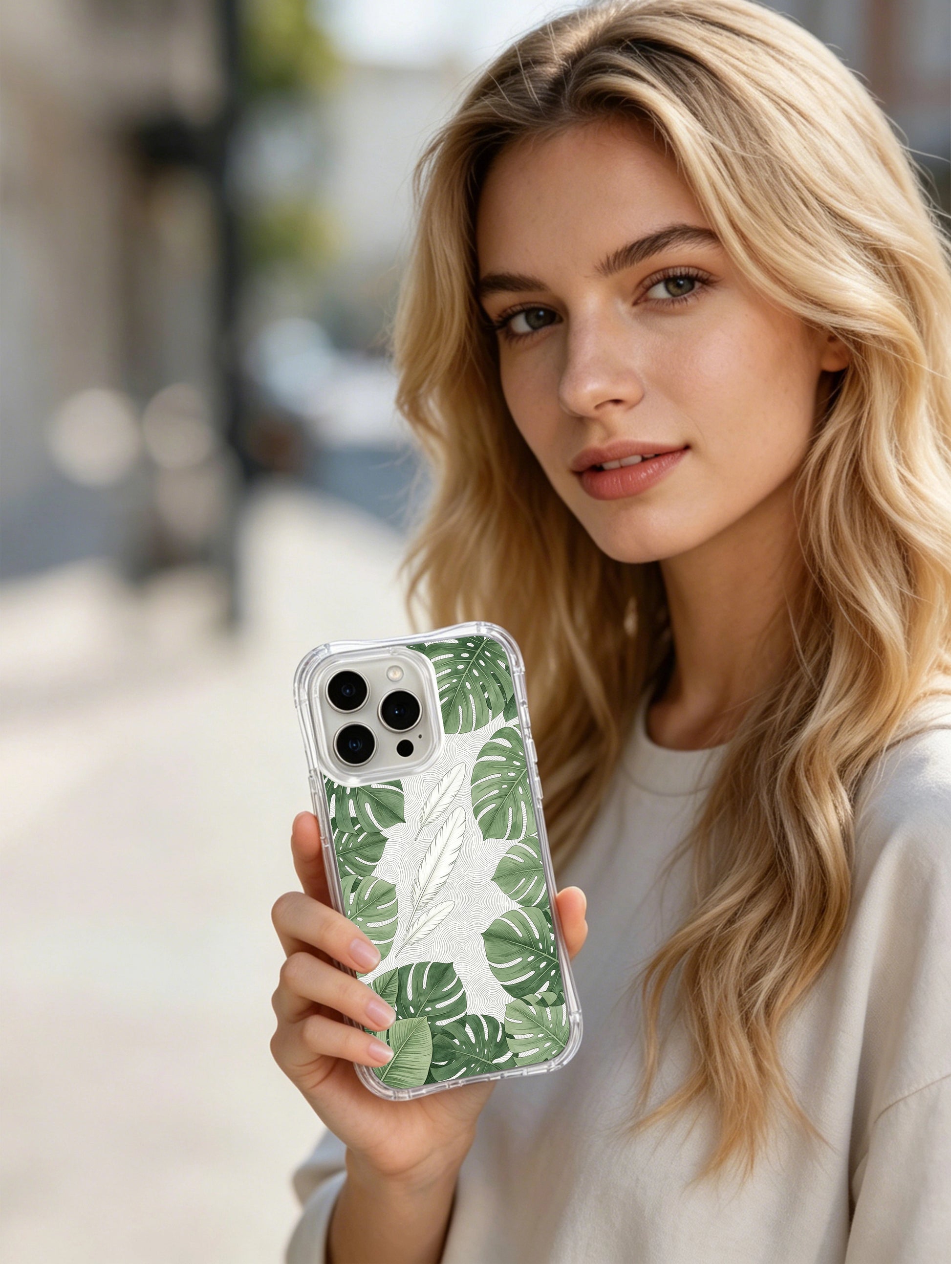 PhoneCasing iPhone 15 Pro Case for mental clarity, featuring the calming monstera and fingerprint texture pattern.