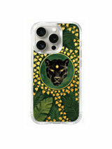 PhoneCasing iPhone 15 pro Case hand styled tropical scene combining calm black panther and luminous golden ivy wreath elements.
