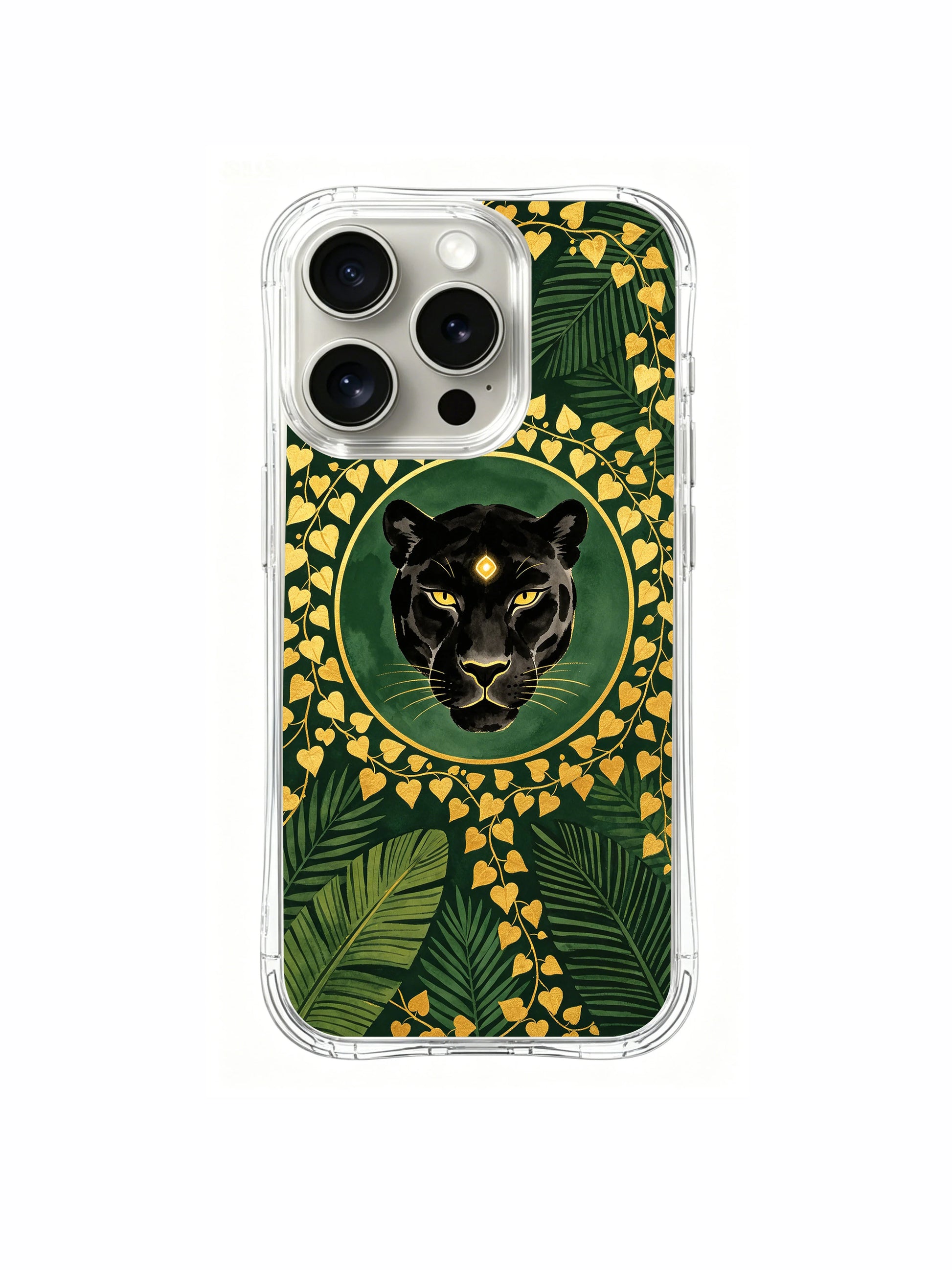 PhoneCasing iPhone 15 pro Case hand styled tropical scene combining calm black panther and luminous golden ivy wreath elements.