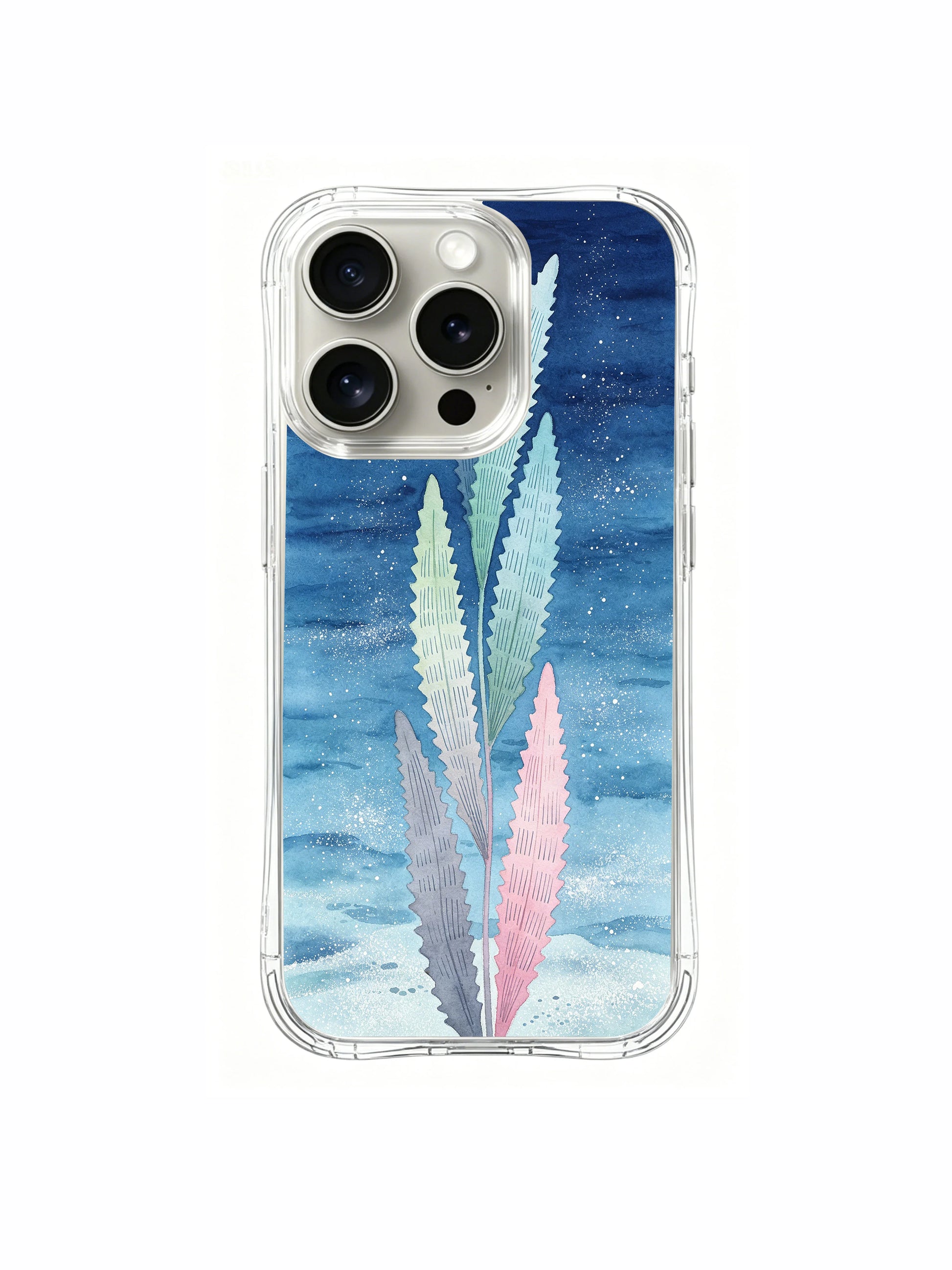 PhoneCasing iPhone 15 pro Case illustrated underwater scene, featuring delicate kelp leaves and soft watercolor textures.
