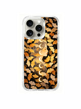 PhoneCasing iPhone 15 pro Case illustrated celestial scene, featuring elegant ginkgo leaves and glowing moon phases.