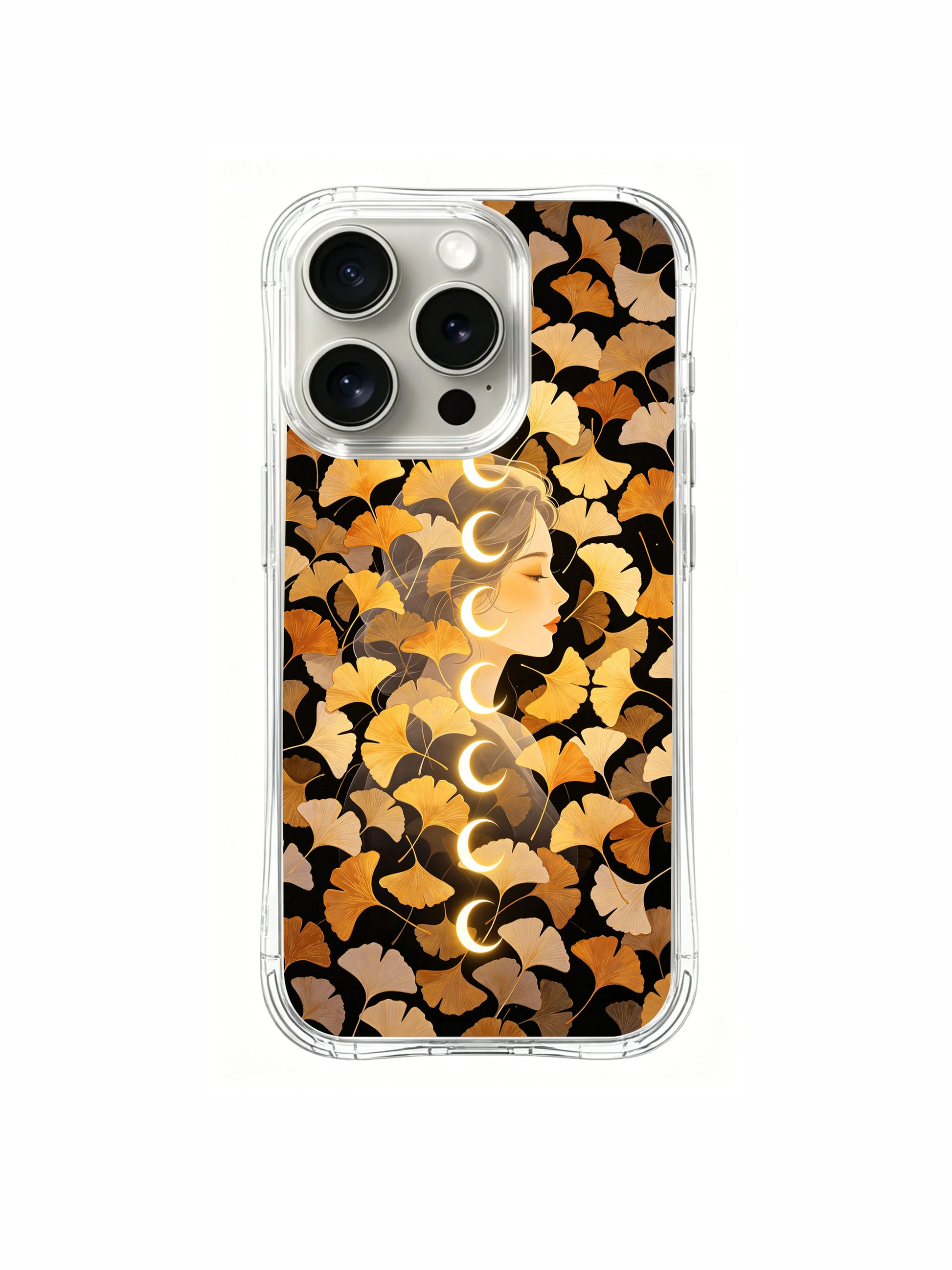 PhoneCasing iPhone 15 pro Case illustrated celestial scene, featuring elegant ginkgo leaves and glowing moon phases.