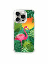 Illustrated tropical flamingo on an iPhone 15 Pro case