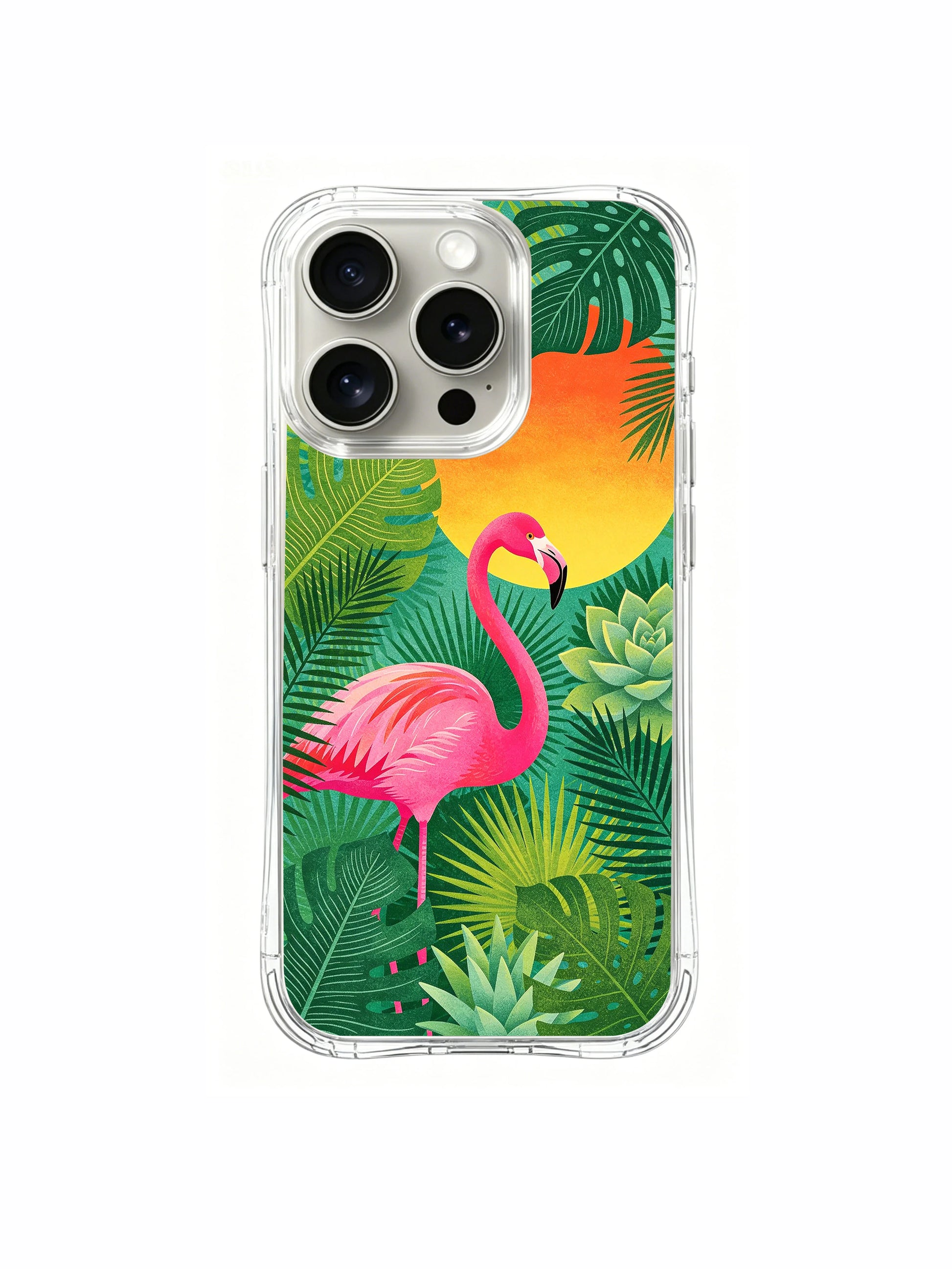 PhoneCasing iPhone 15 Pro Case illustrated tropical scene, featuring the flamingo and its lush jungle home.