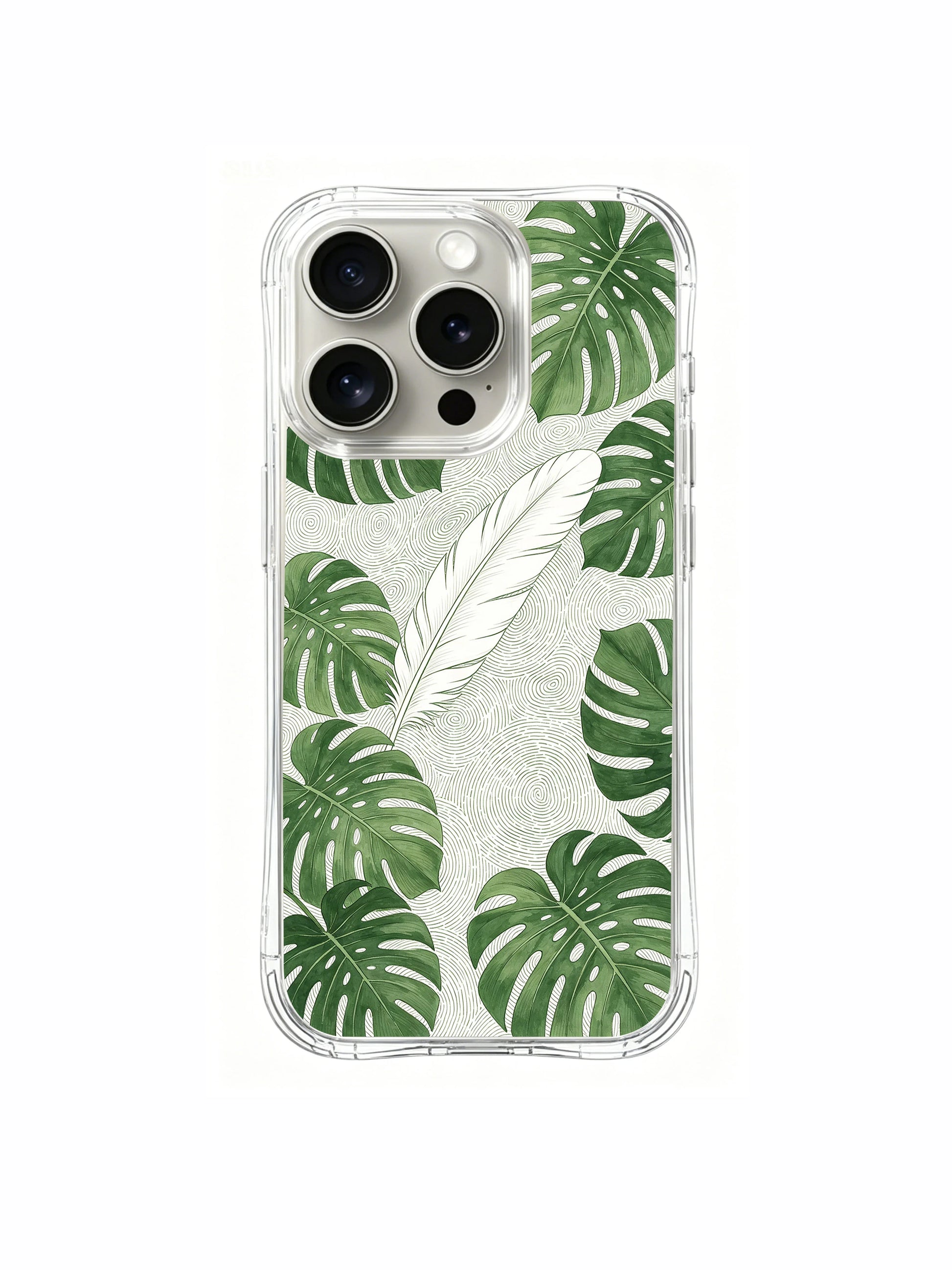 PhoneCasing iPhone 15 Pro Case illustrated tropical scene, featuring the lush monstera leaves and their subtle fingerprint-inspired texture.