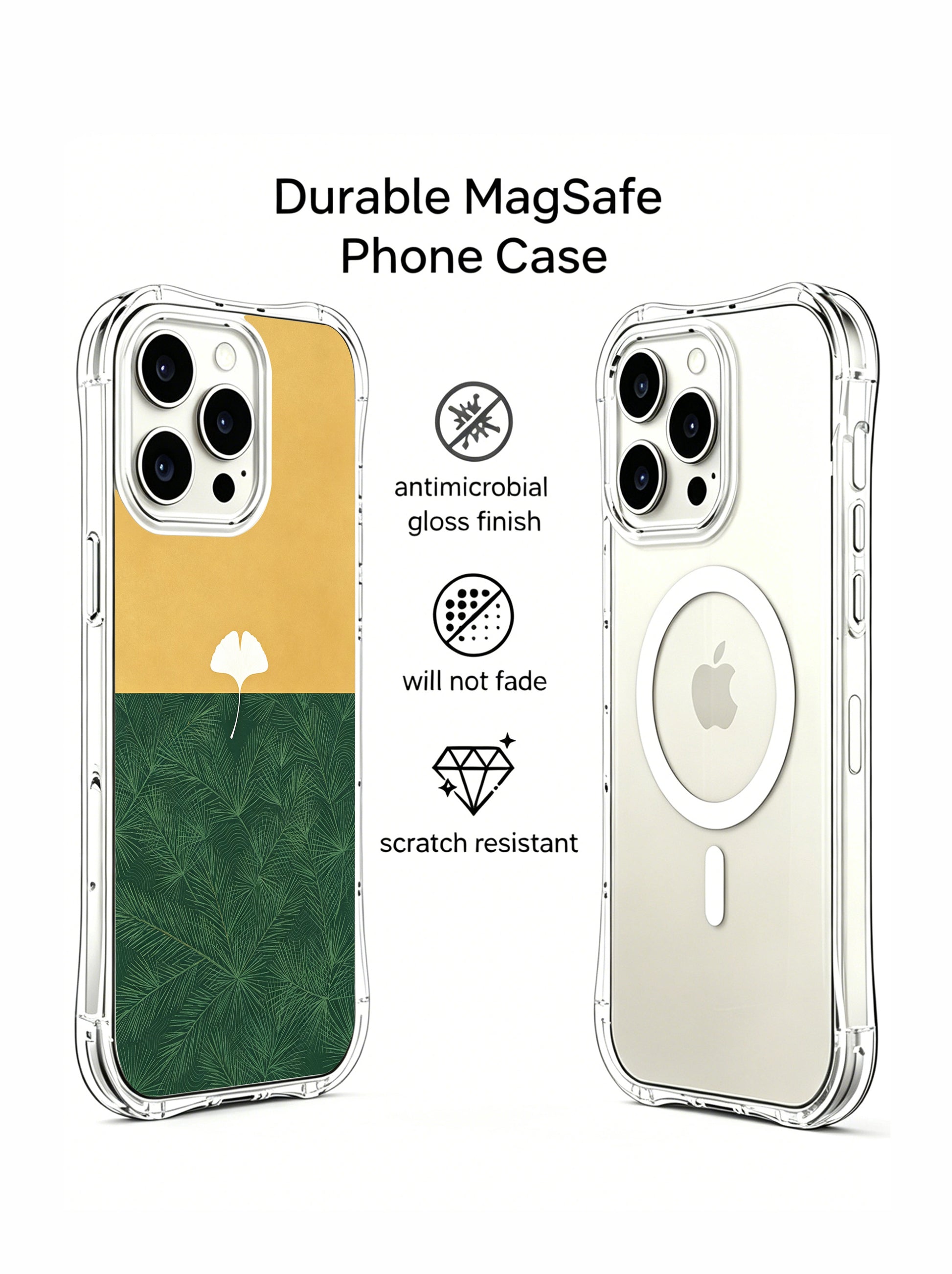 PhoneCasing iPhone 15 pro Case blends intricate pine needle texture and solitary ginkgo silhouette, exclusive Elena Rostova fine art collaborative design.