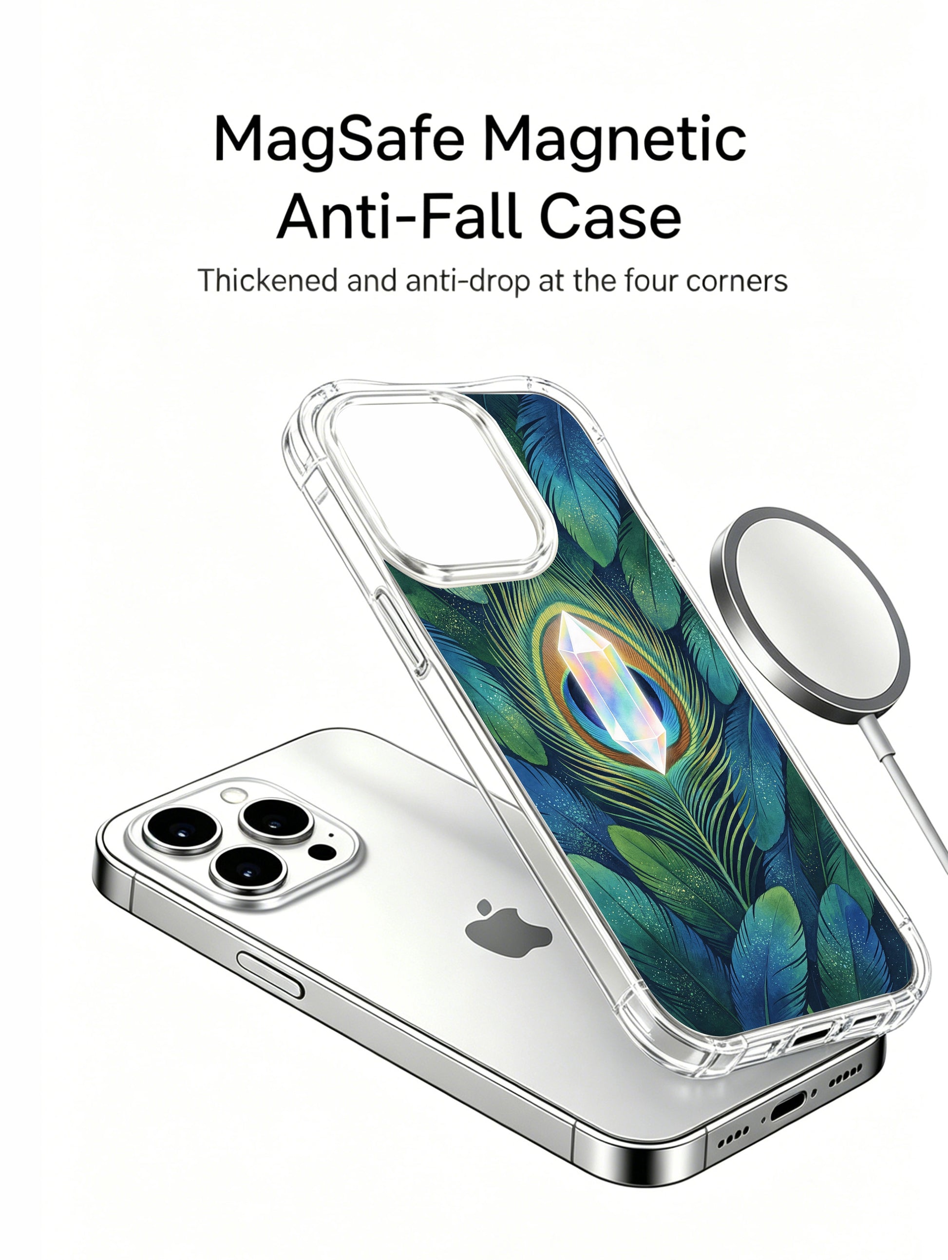 PhoneCasing iPhone 15 pro Case with hand-drawn streamlined peacock plumage and iridescent crystal, premium artist phone cover made in California.