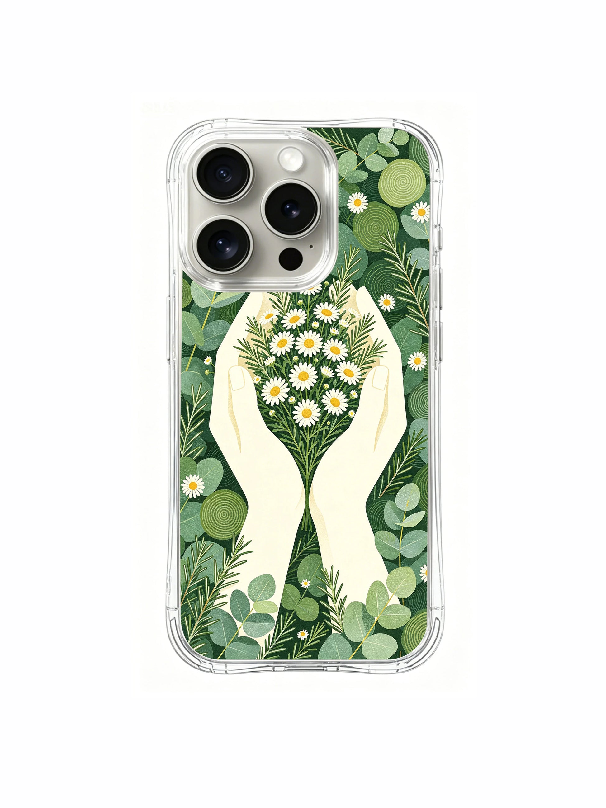PhoneCasing iPhone 15 pro Case luxury artist collaboration, the hands-and-eucalyptus design for calm, mindful women.