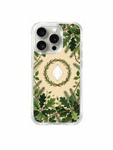 Forest-inspired thorn wreath totem artwork on an iPhone 15 Pro case