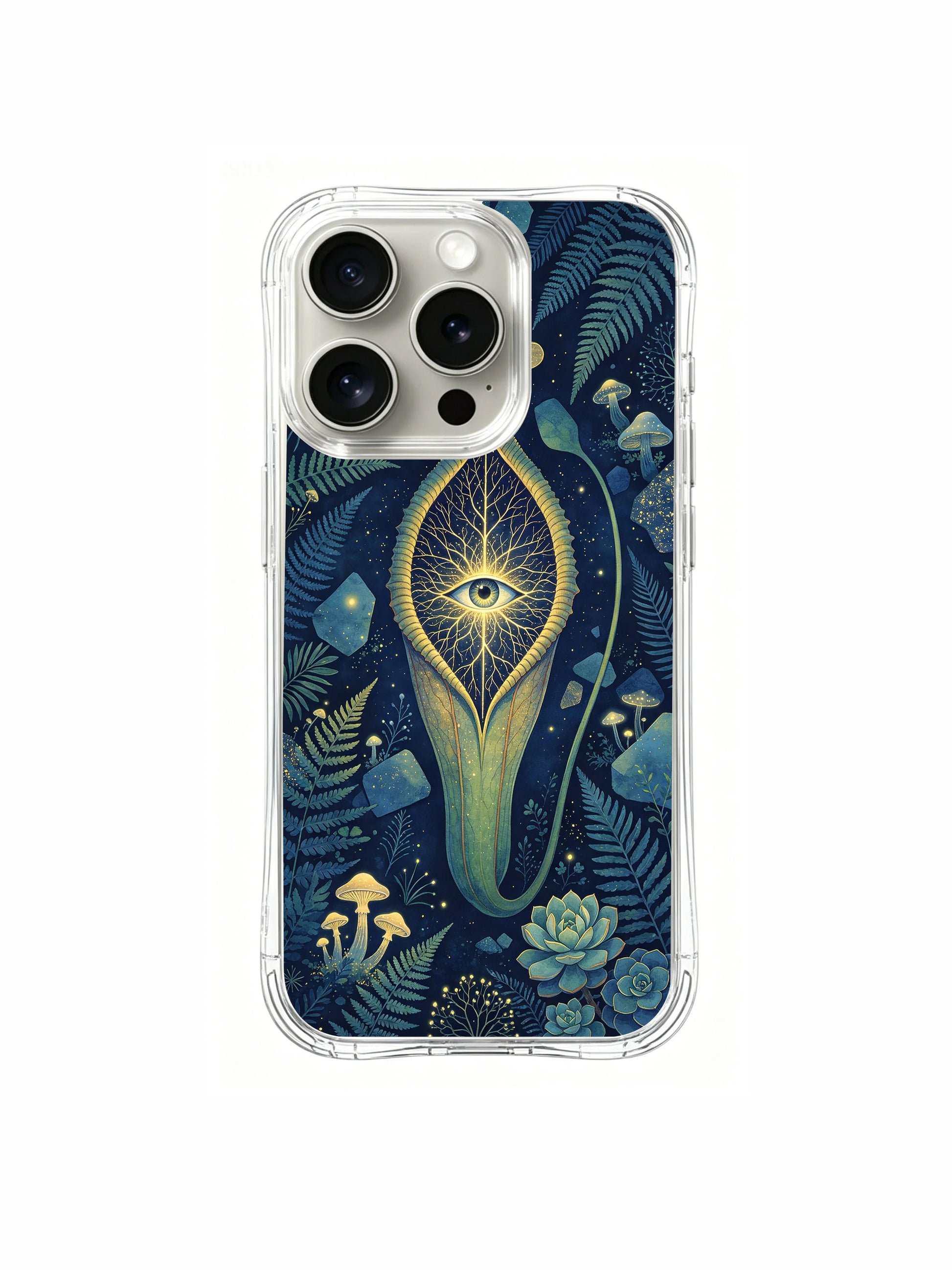 PhoneCasing iPhone 15 pro Case with minimalist dark tropical flytrap print, durable illustrated protective phone accessory for plant art admirers.