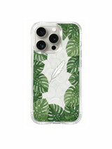 Monstera and feather line illustration artwork on an iPhone 15 Pro case