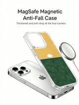 Mustard and emerald field with white ginkgo artwork on an iPhone 15 Pro case