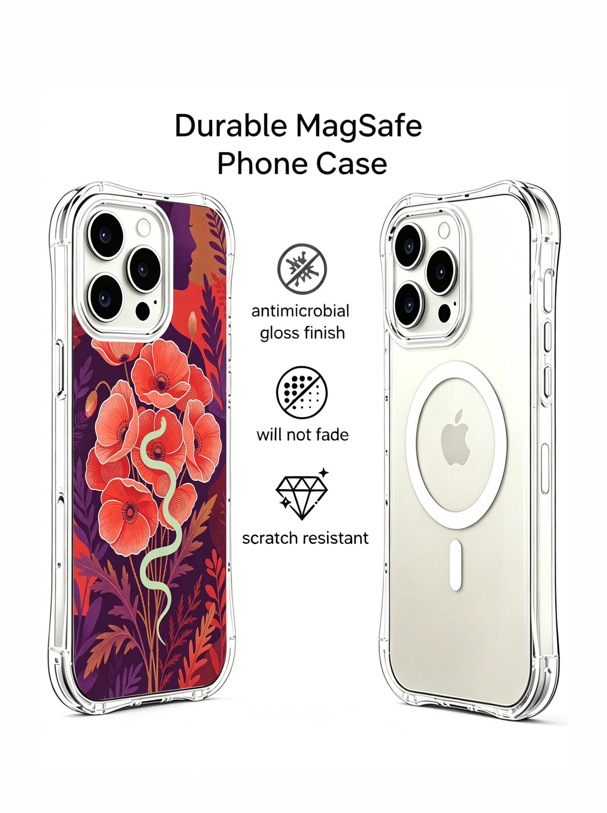PhoneCasing iPhone 15 Pro Case with mystical poppy and healing serpent, a wearable fine art piece.
