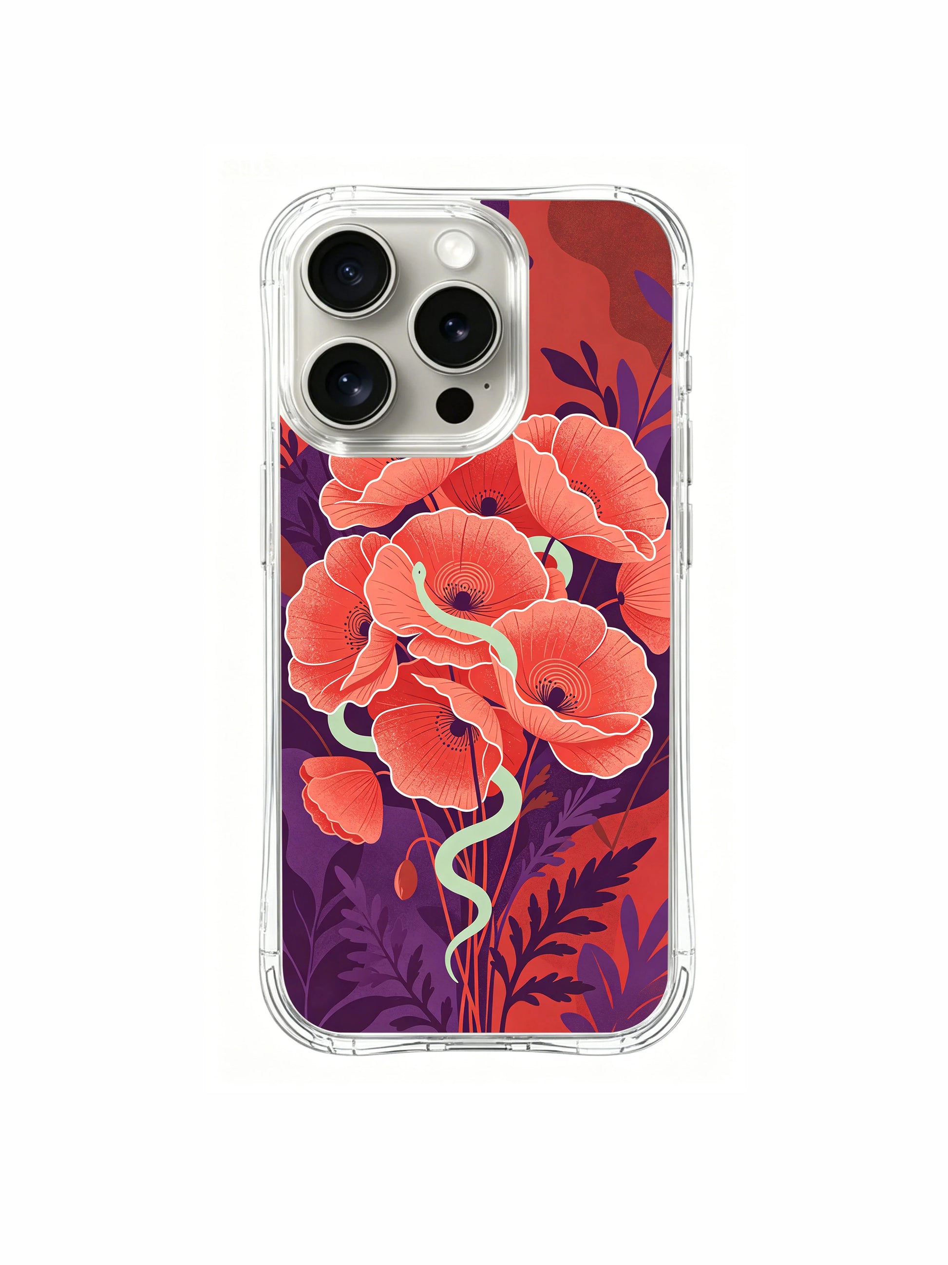 PhoneCasing iPhone 15 Pro Case in Neo-Romantic style, with poppies and a gentle healing serpent motif.