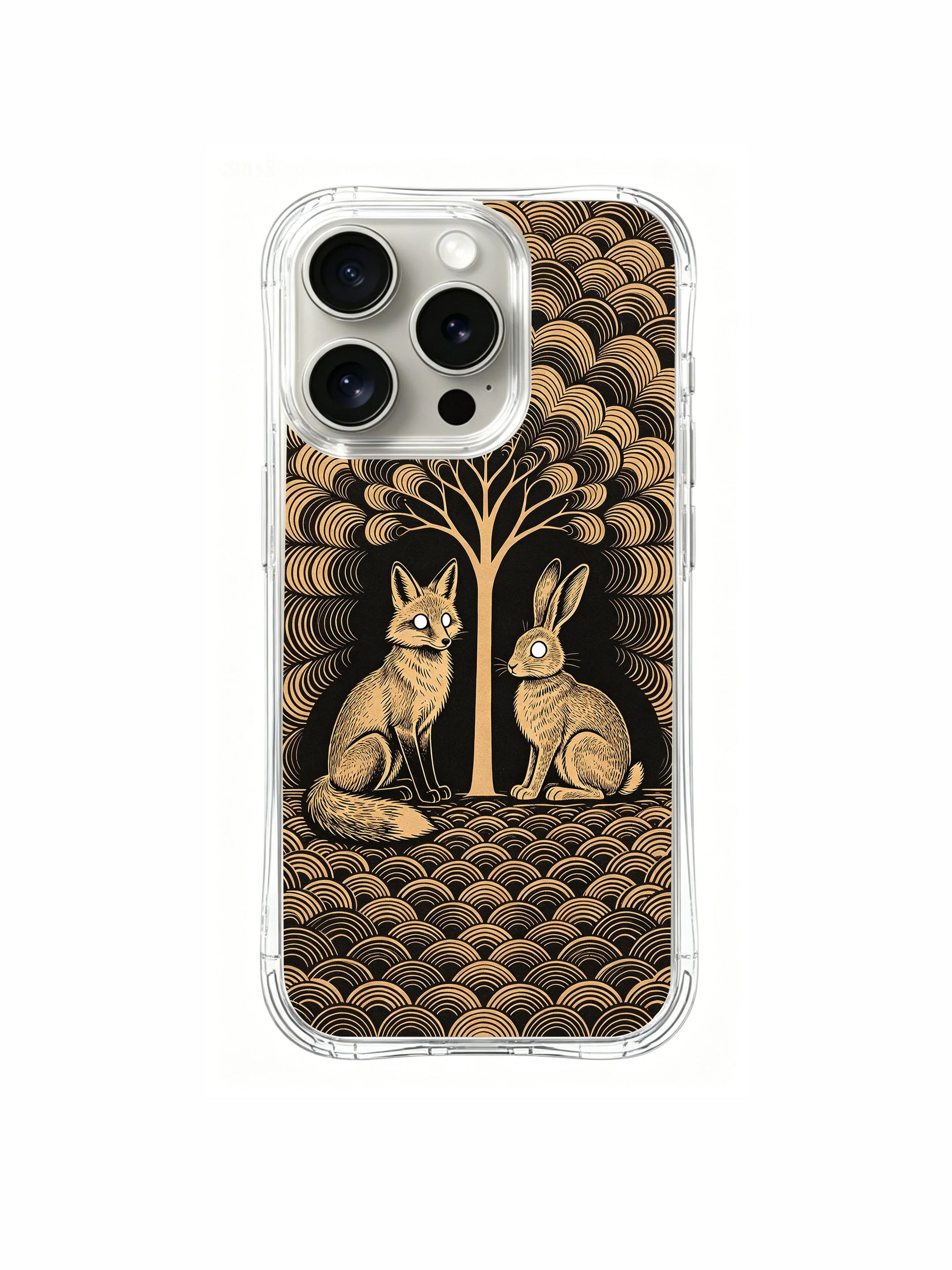 PhoneCasing iPhone 15 pro Case features radiating organic wave foliage paired with fox & hare, sophisticated luxury smartphone statement piece.