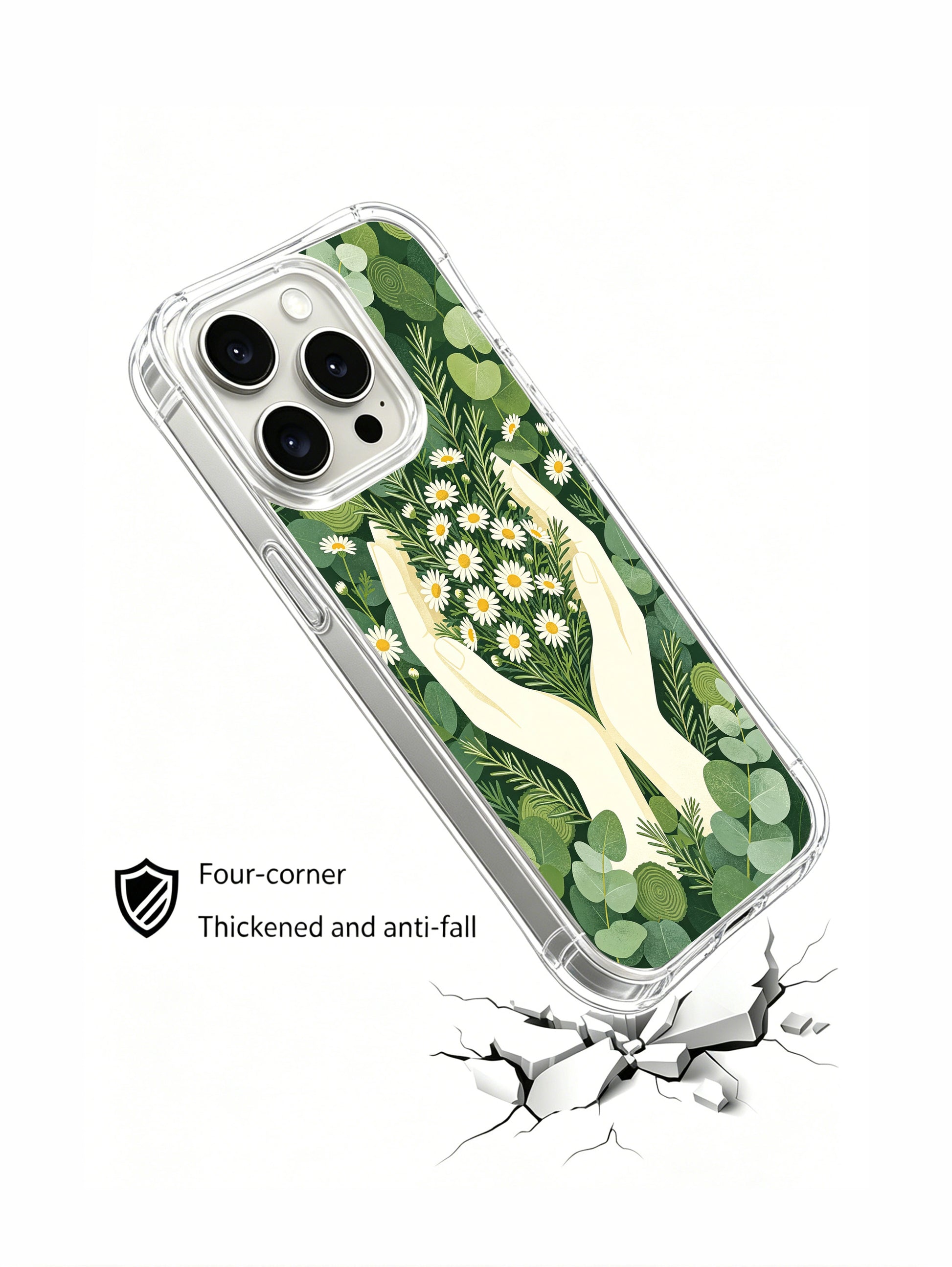 PhoneCasing iPhone 15 pro Case with hands and daisies, a scratch-resistant case that brings gentle positive energy.