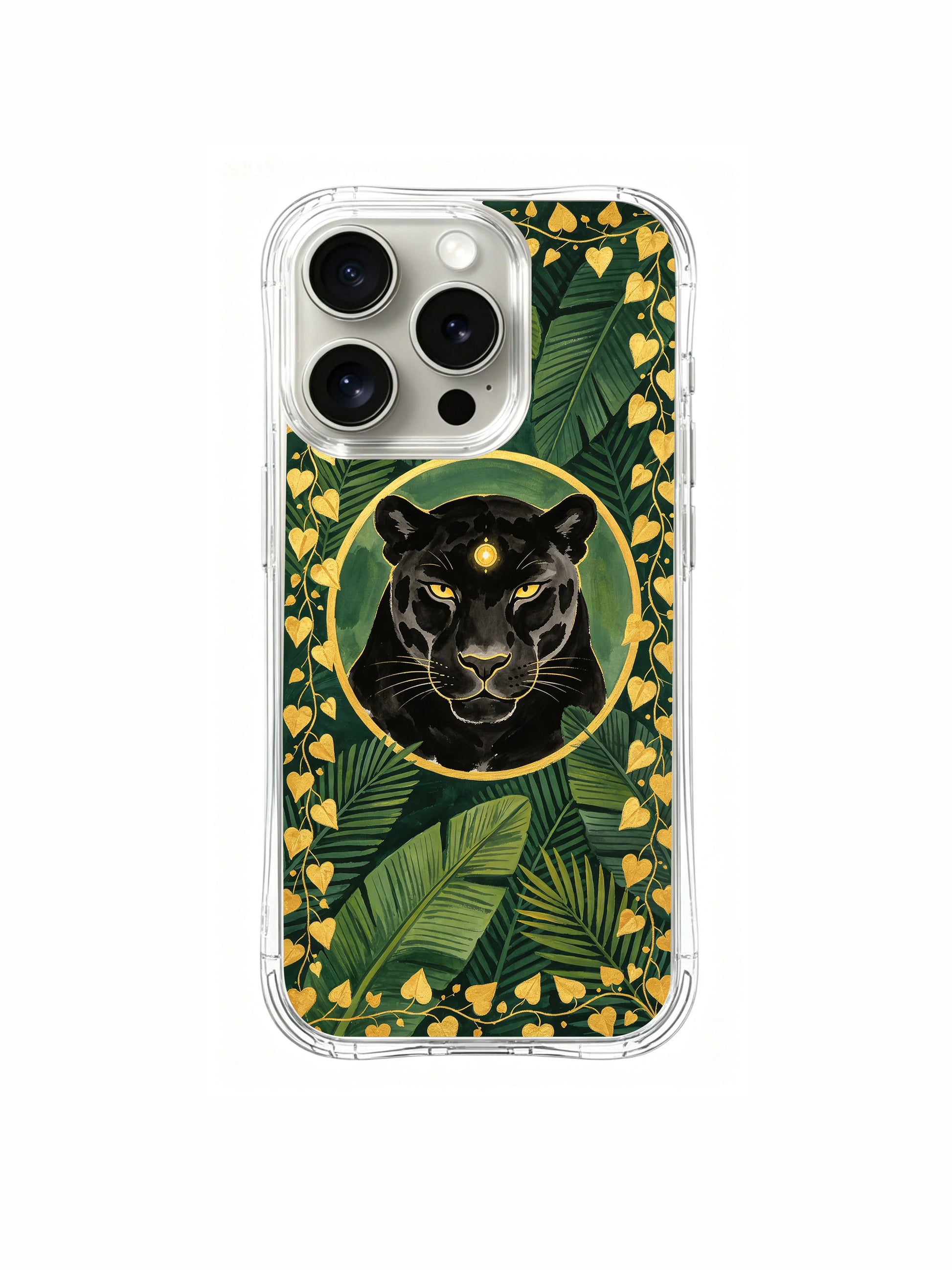 PhoneCasing iPhone 15 pro Case features organic palm leaf and heart ivy graphics, bold luxury statement smartphone accessory.