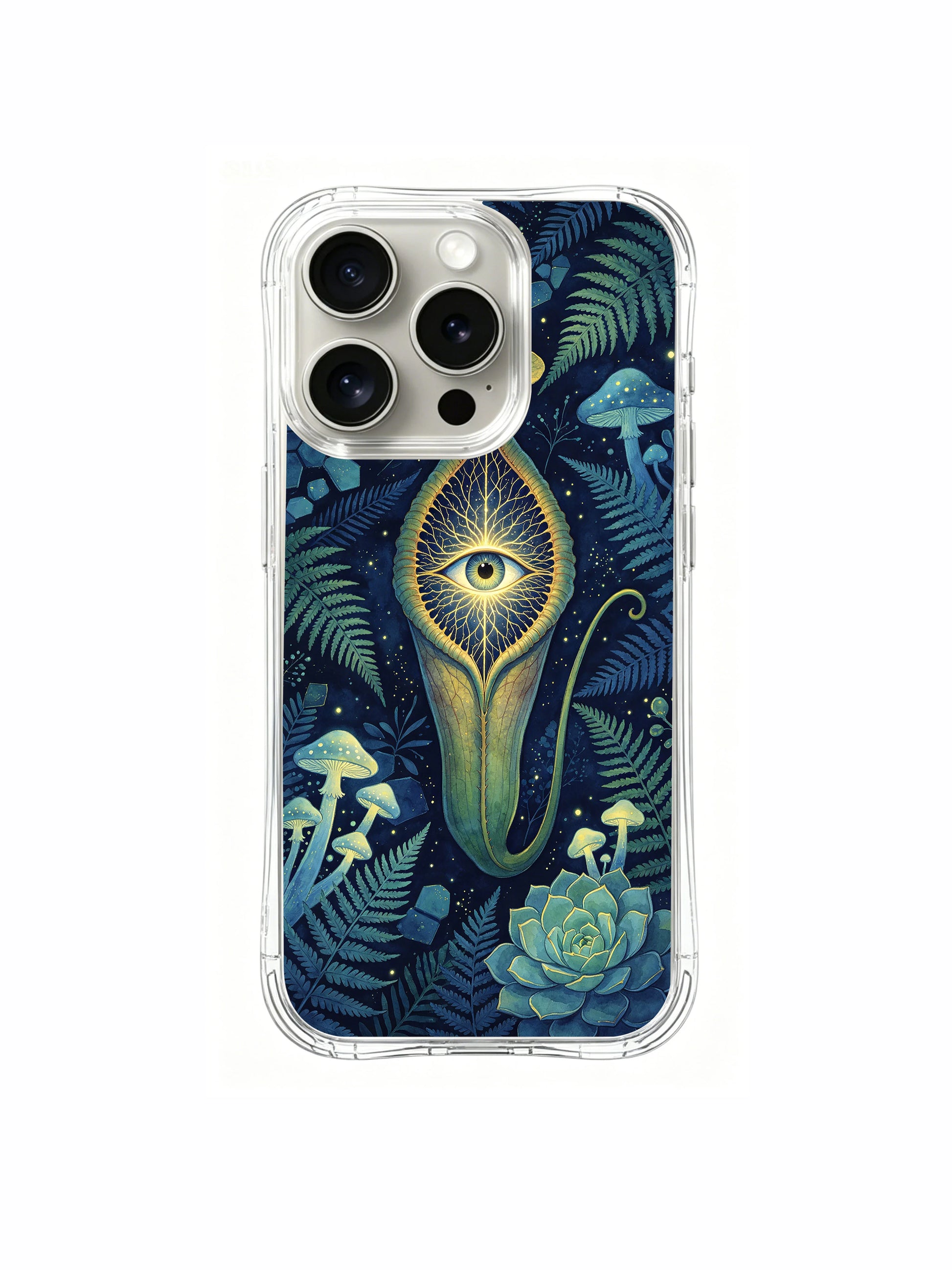 PhoneCasing iPhone 15 pro Case organic wild flytrap layout with embedded all-seeing eye, standout stylish device accessory.