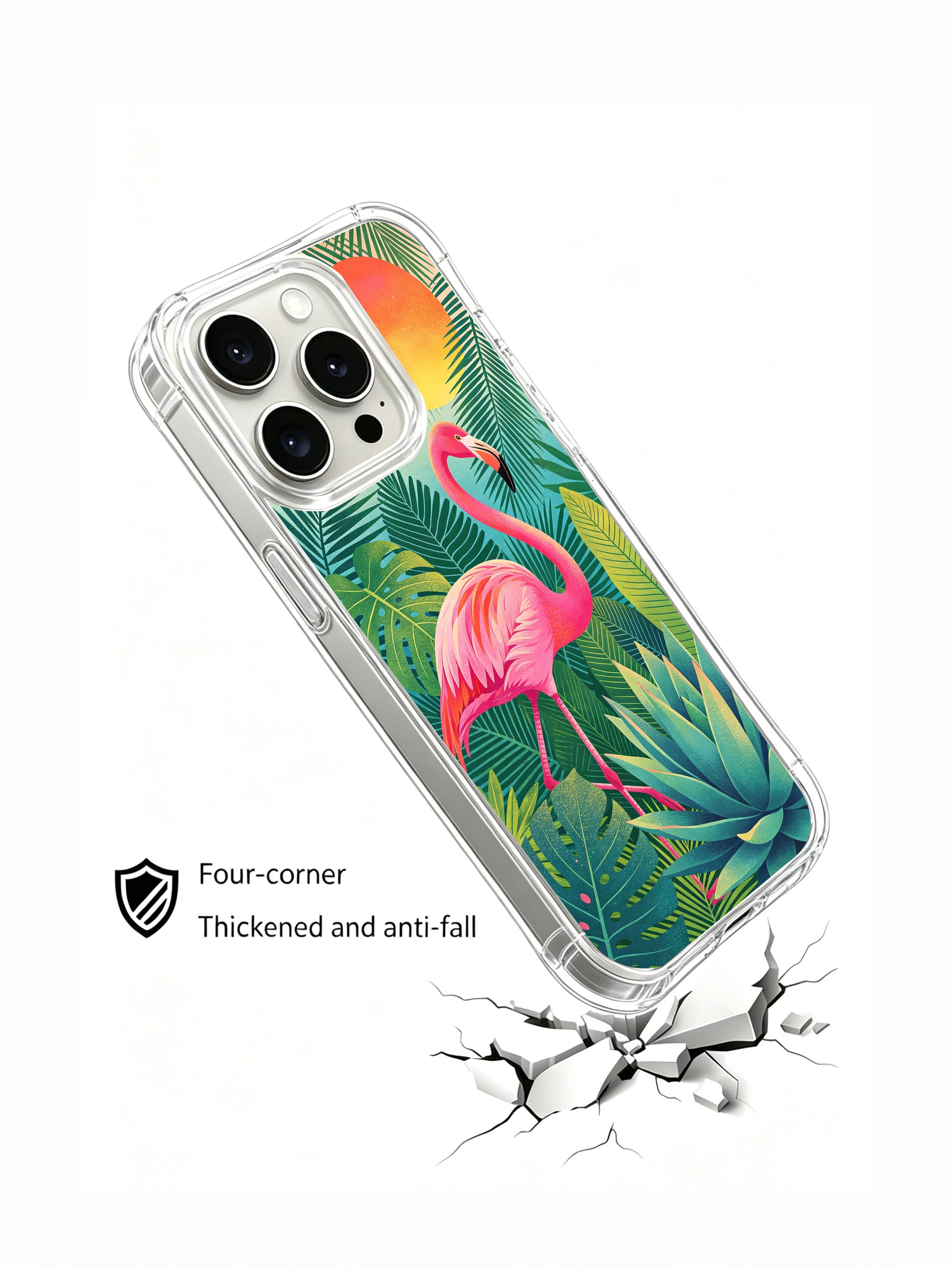 PhoneCasing iPhone 15 Pro Case for positive vibes, featuring the flamingo and tropical plants illustration by Elena Rostova.