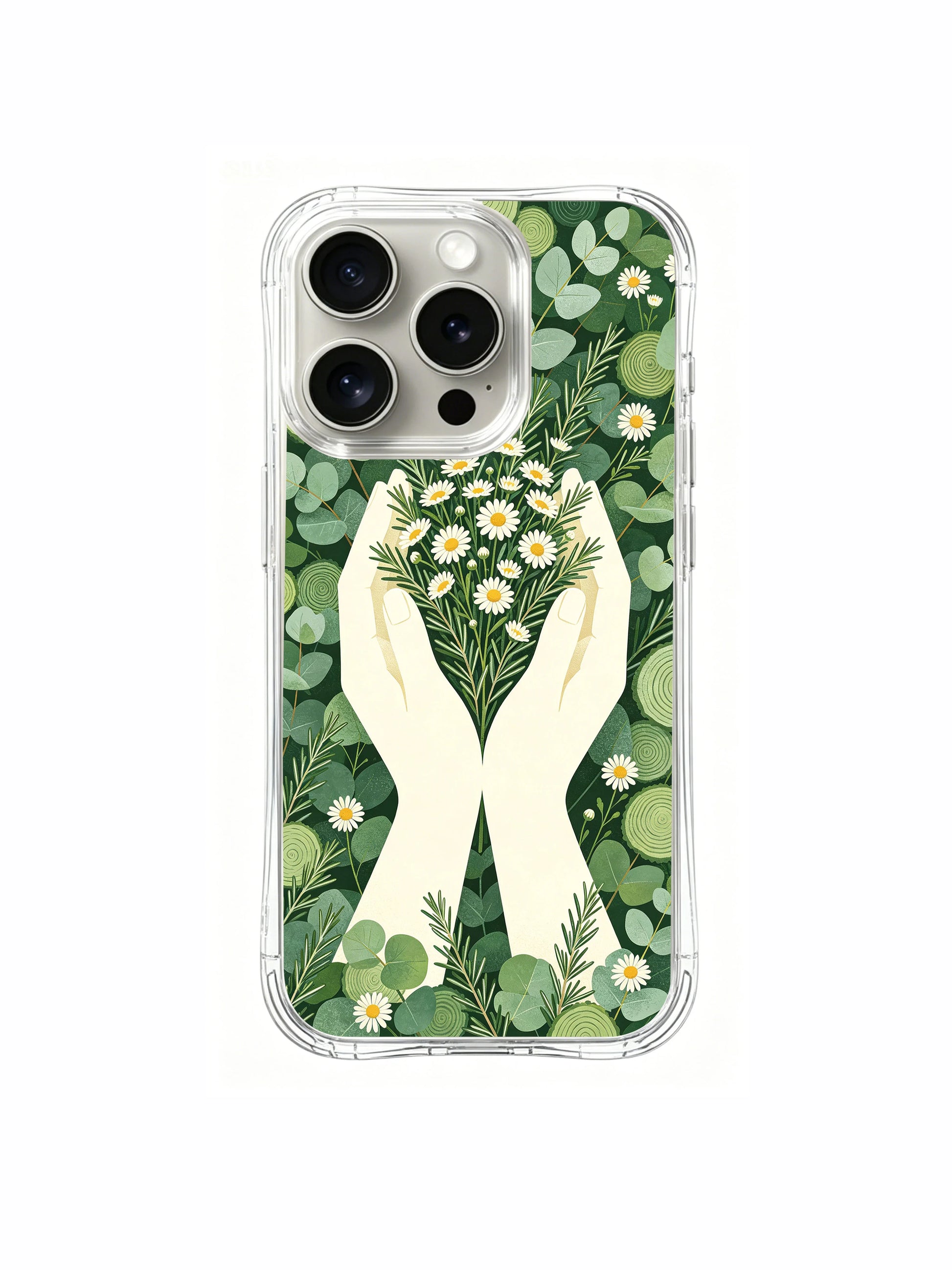 PhoneCasing iPhone 15 pro Case for calming mindfulness, featuring tender hands and daisy illustrations by Elena Rostova.