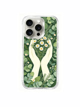 Daisy and greenery illustration artwork on an iPhone 15 Pro case