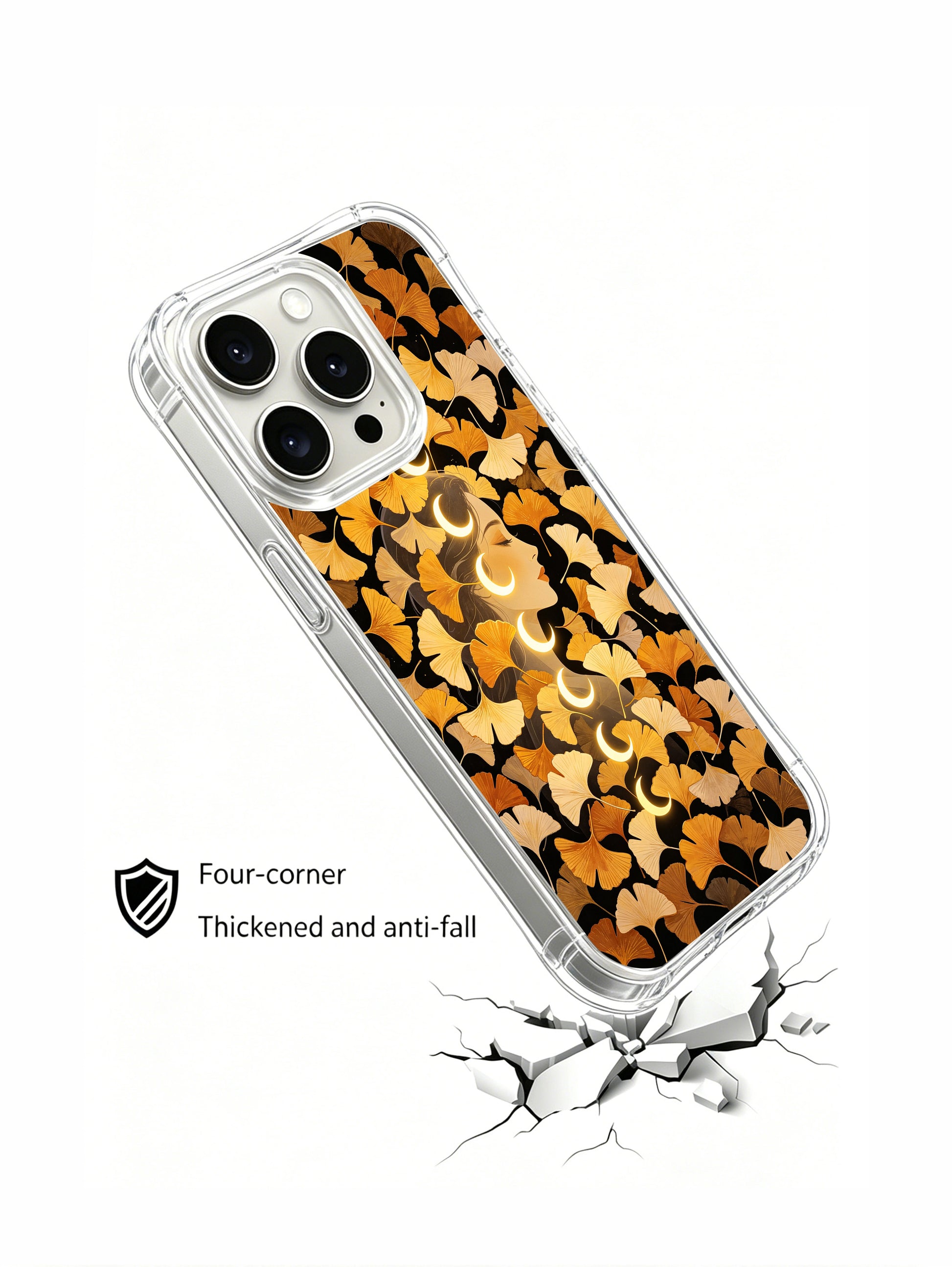 PhoneCasing iPhone 15 pro Case for elevated style, featuring ginkgo leaves and glowing moon phases by Elena Rostova.