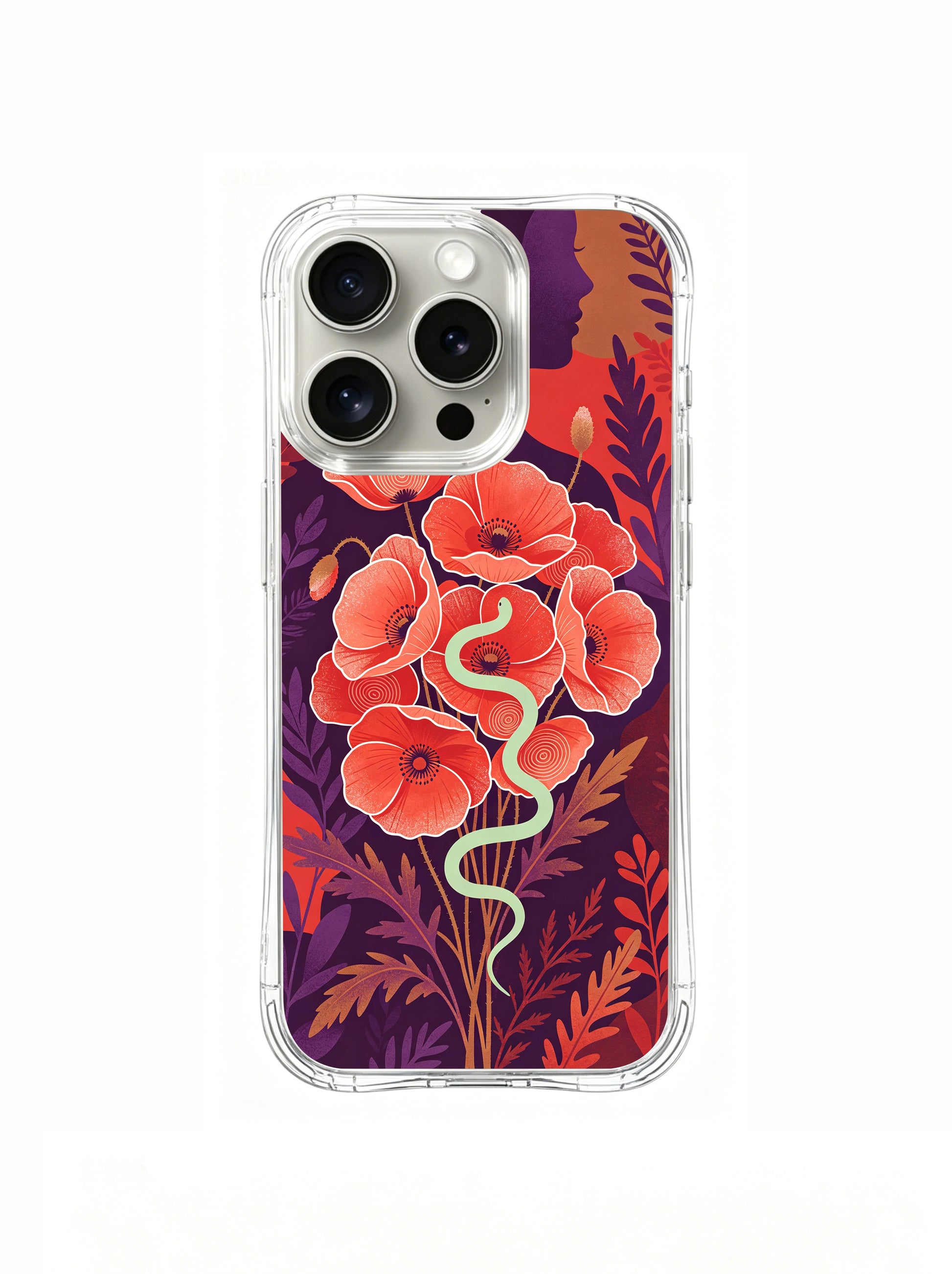 PhoneCasing iPhone 15 Pro Case with premium poppy illustration, Elena Rostova’s healing snake design for women.