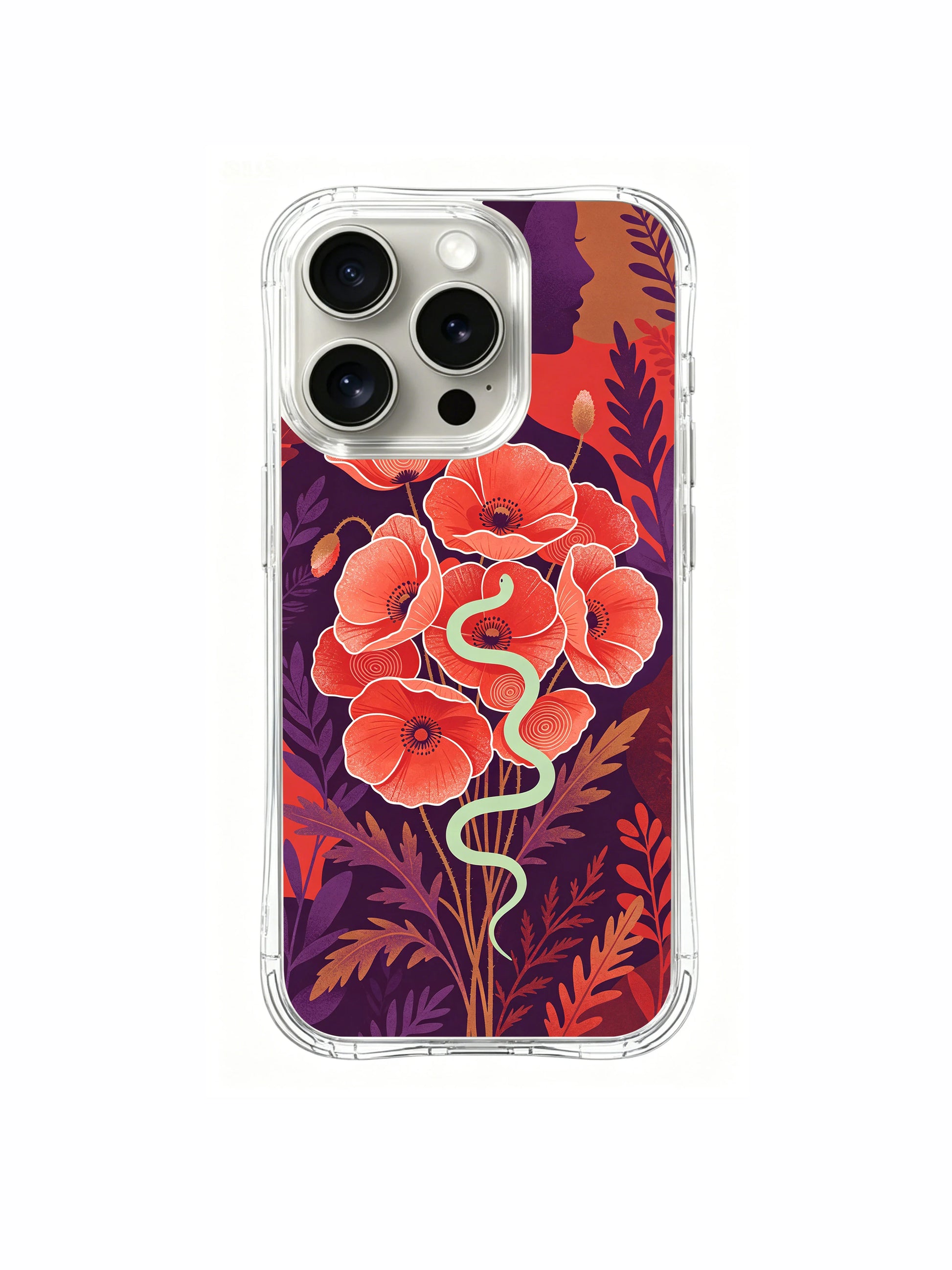 PhoneCasing iPhone 15 Pro Case featuring the rebirth serpent and poppies, a symbolic healing art case.
