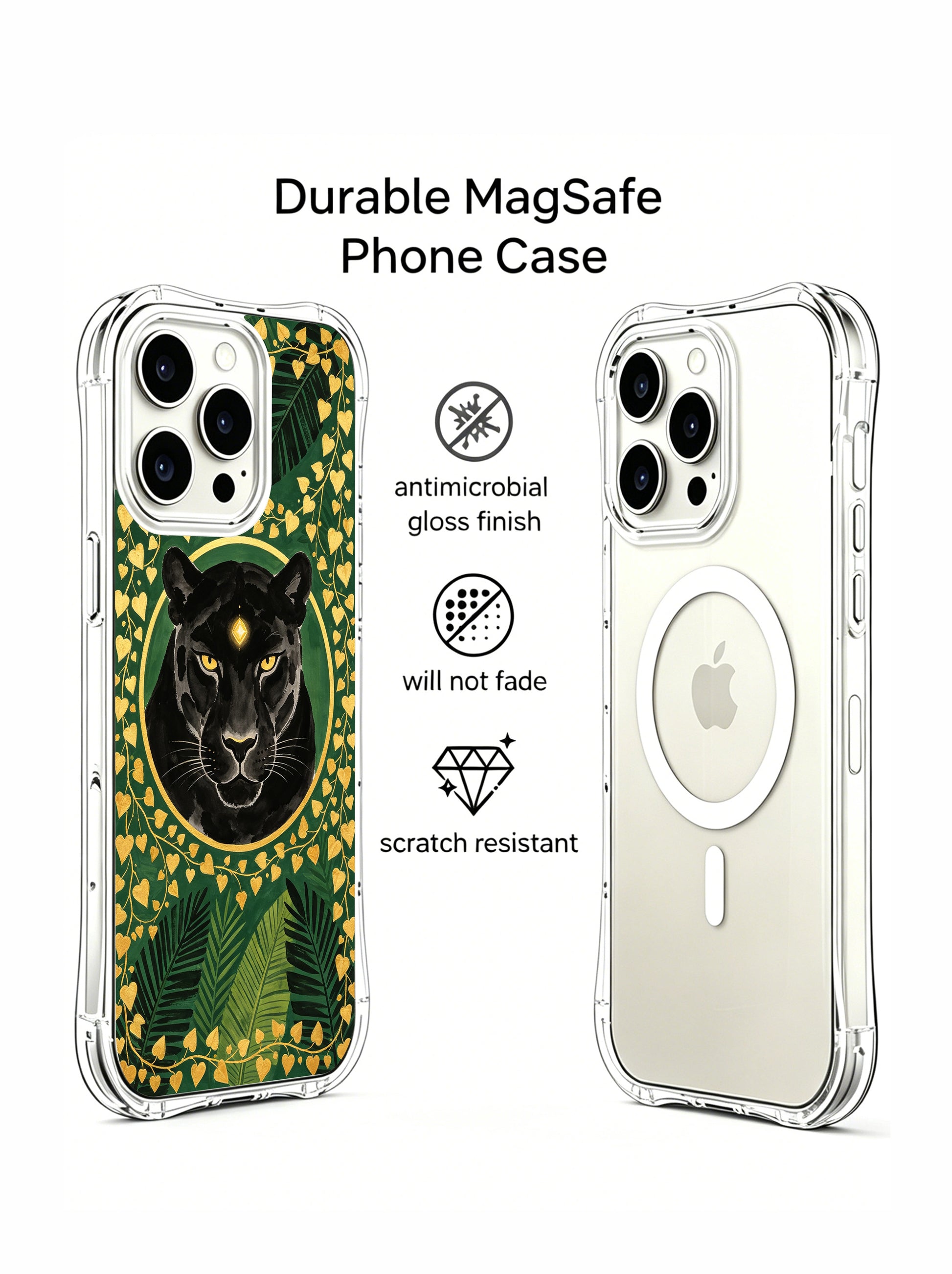 PhoneCasing iPhone 15 pro Case blends wild panther and gilded ivy foliage, exclusive Elena Rostova collaborative fine art design.