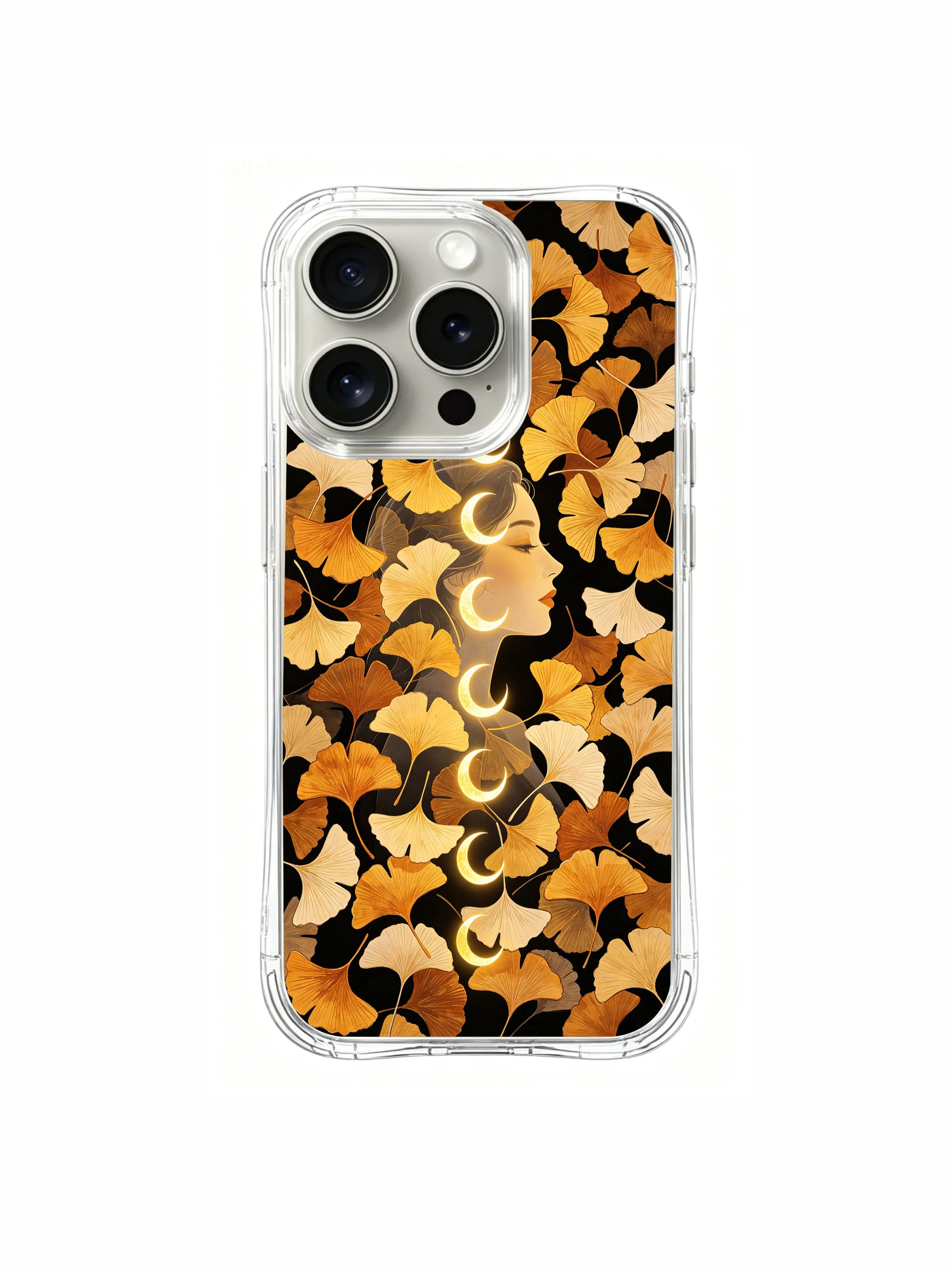 PhoneCasing iPhone 15 pro Case scratch-resistant ginkgo and moon protective case, fade-proof and anti-drop with the warm-toned print.