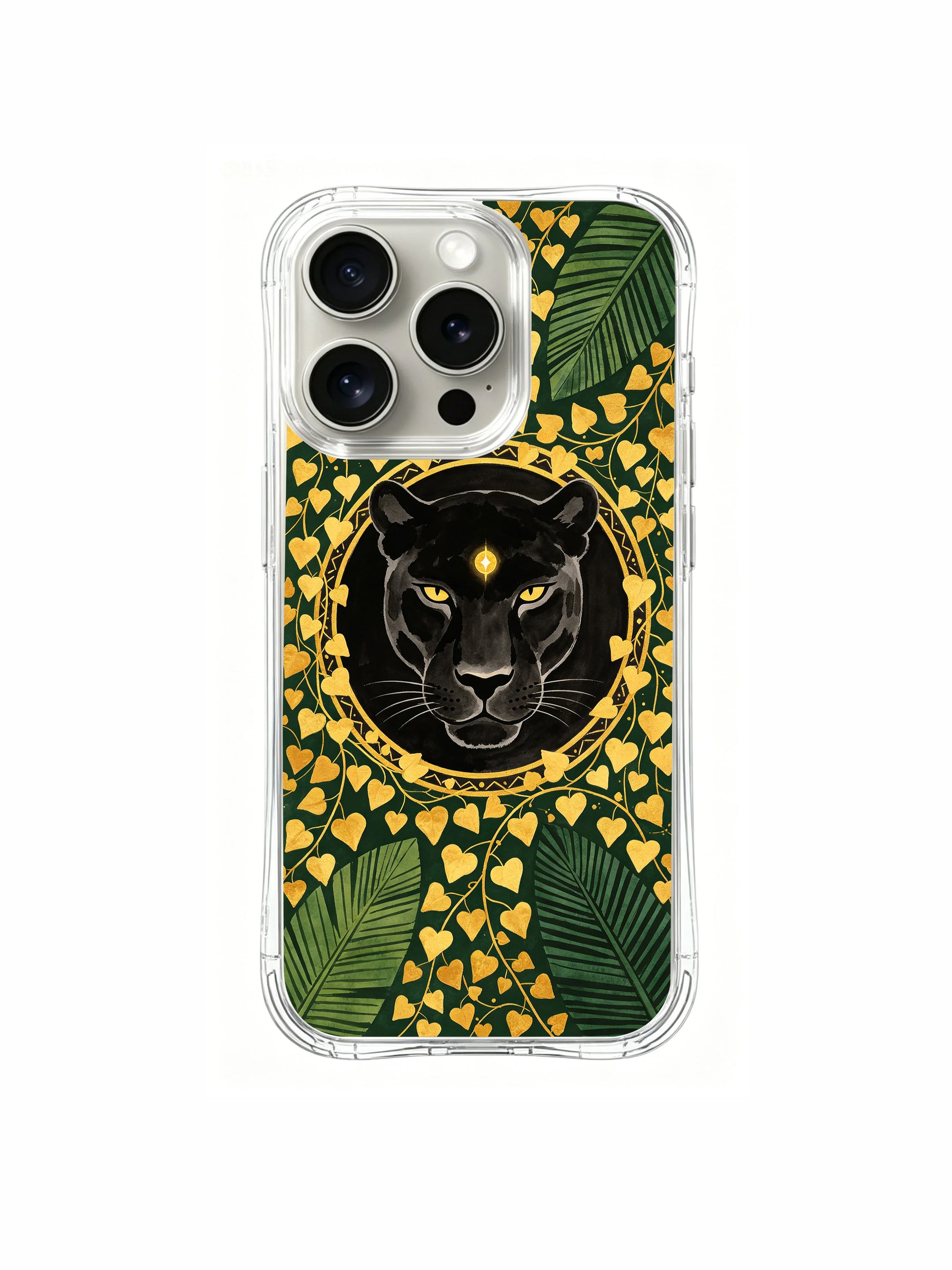 PhoneCasing iPhone 15 pro Case heavy-duty drop resistant shell, fade-free regal panther and gold ivy printed graphic.