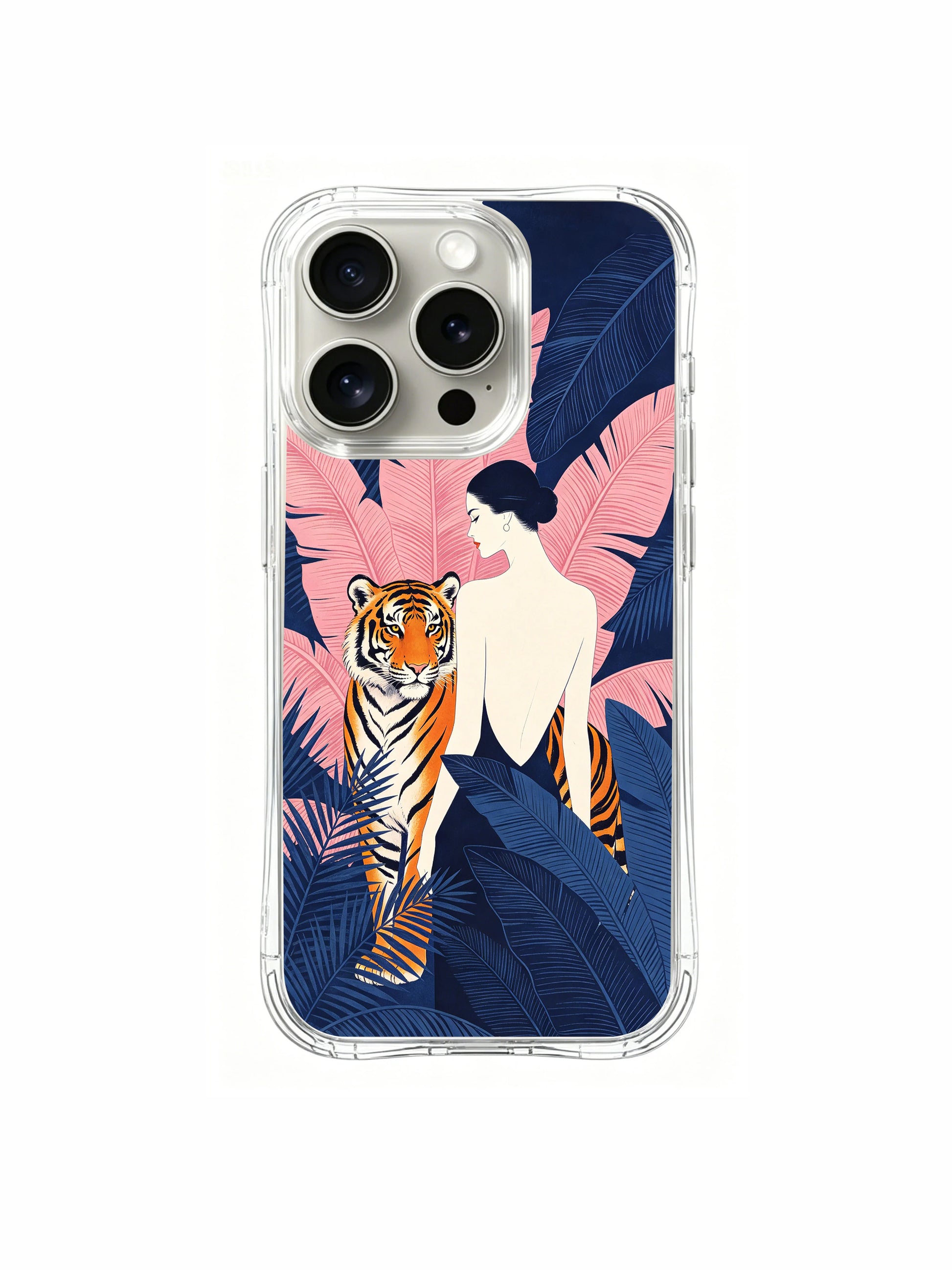 PhoneCasing iPhone 15 Pro Case with premium textured print, showcasing the jungle woman and tiger artwork.