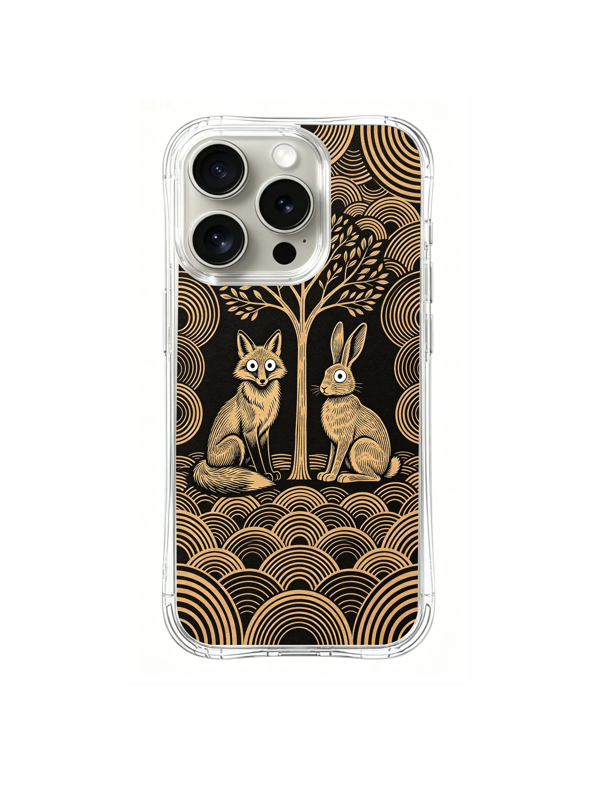 PhoneCasing iPhone 15 pro Case with high-definition block texture print, featuring fox and rabbit framed by radiating concentric tree waves.