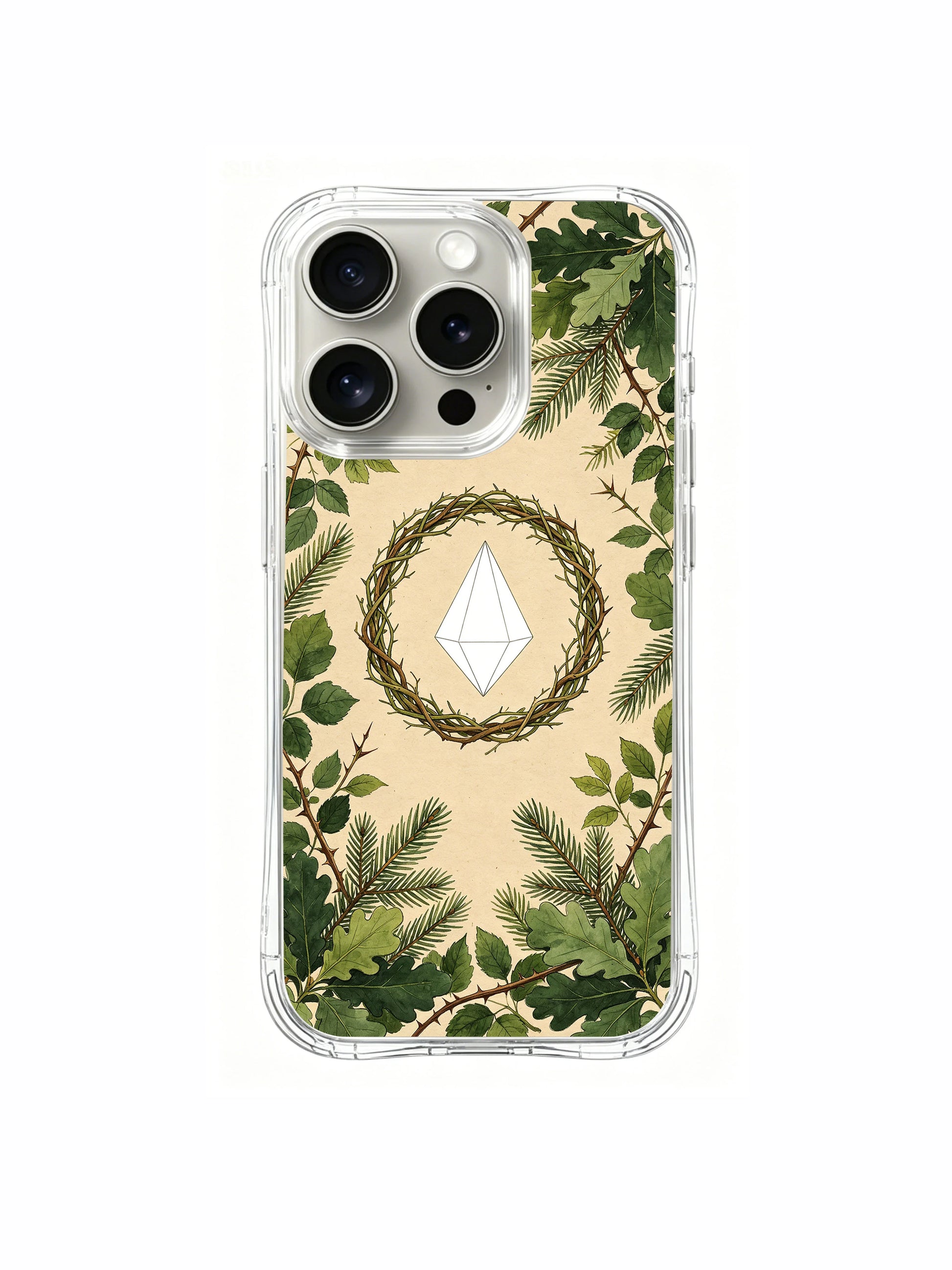 PhoneCasing iPhone 15 pro Case with premium textured print, showcasing the elegant thorn wreath and diamond artwork.