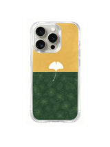 Pine texture with white ginkgo leaf artwork on an iPhone 15 Pro case