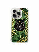 PhoneCasing iPhone 15 pro Case with high-definition textured art print, featuring detailed black panther surrounded by gilded ivy vines.