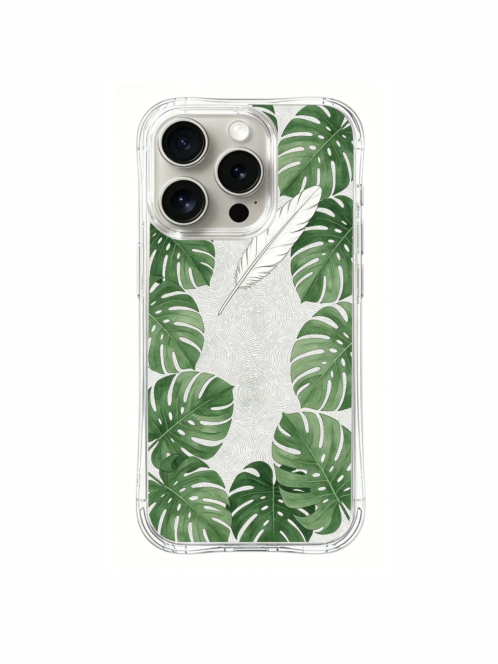 PhoneCasing iPhone 15 Pro Case with premium textured print, showcasing the subtle fingerprint-inspired patterns and monstera leaves.
