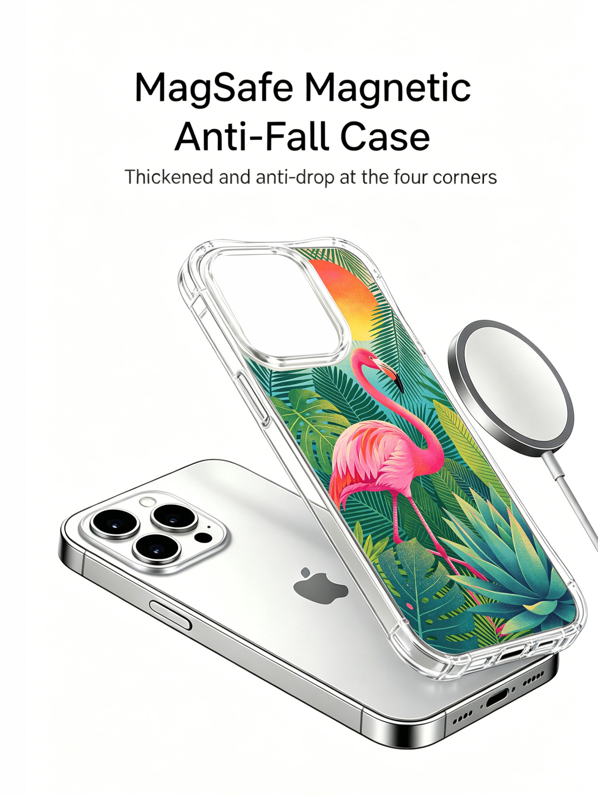 PhoneCasing iPhone 15 Pro Case with a pink flamingo in tropical jungle, premium artist-designed case crafted in California.