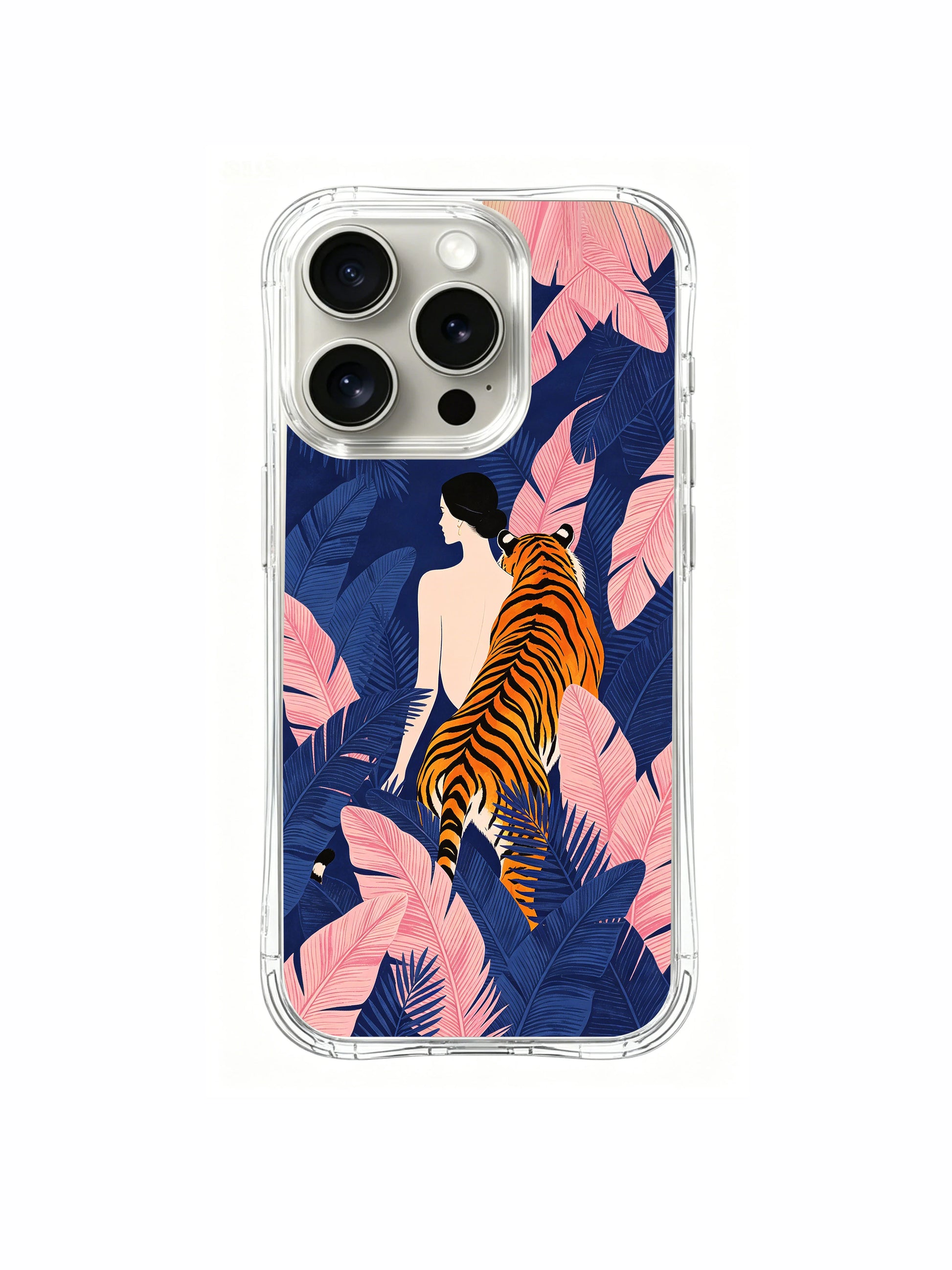 PhoneCasing iPhone 15 Pro Case tropical jungle fine art, the woman and tiger design for mindful living.