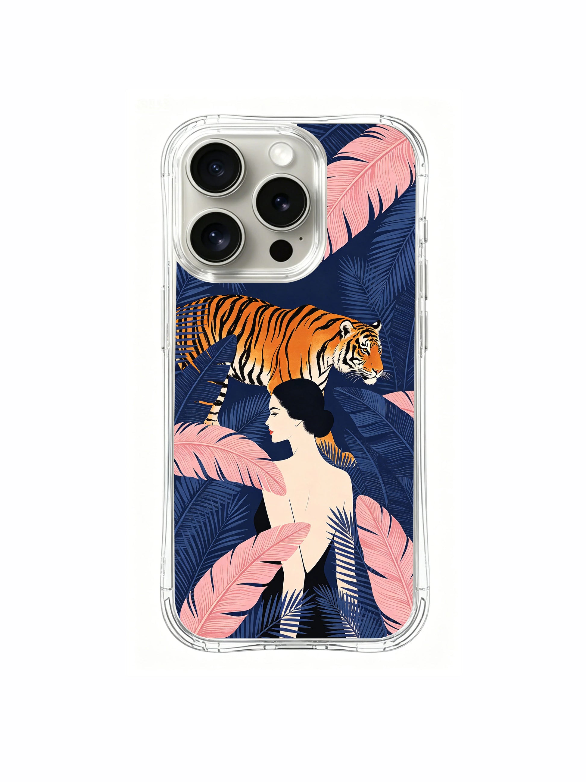 PhoneCasing iPhone 15 Pro Case tropical jungle protective case, durable and stylish with the woman and tiger print.
